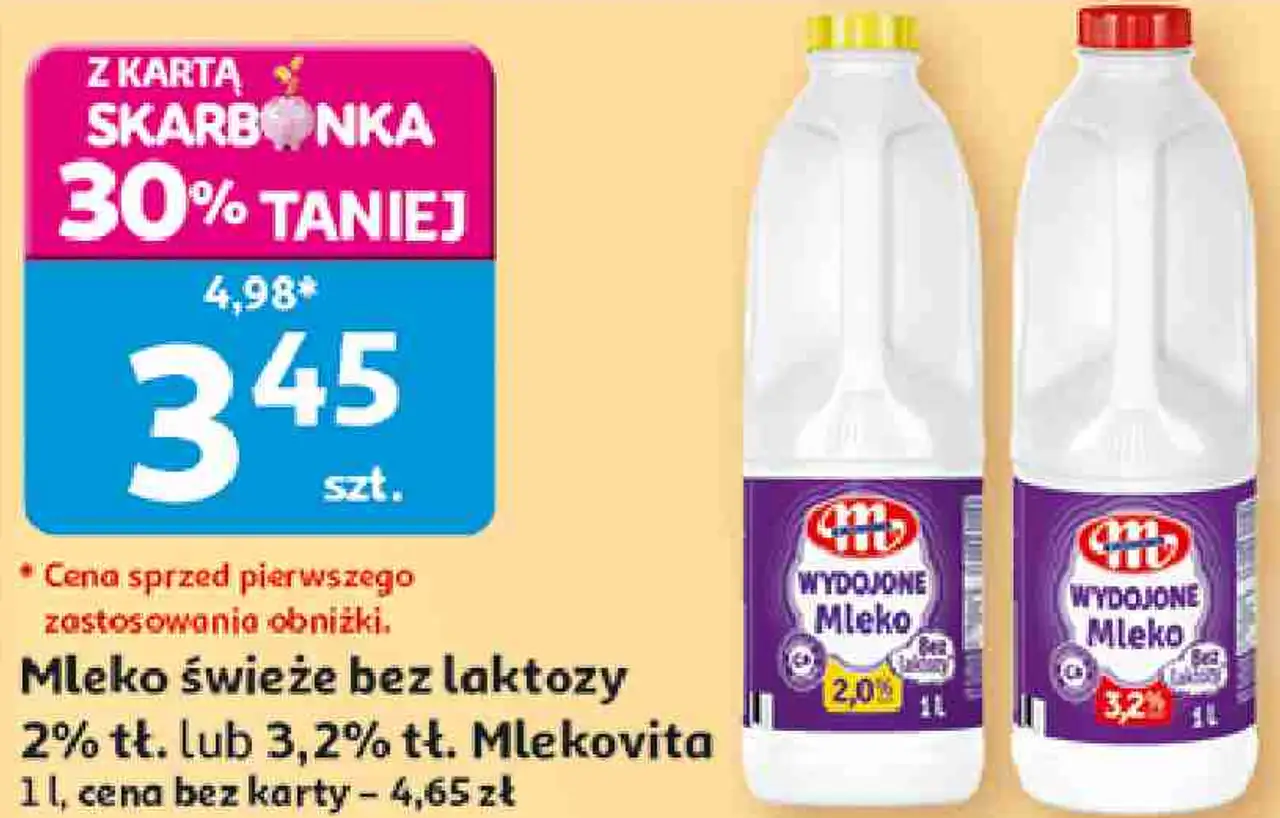 Mleko świeże bez laktozy 2% tł. lub 3,2% tł. Mlekovita Wydojone