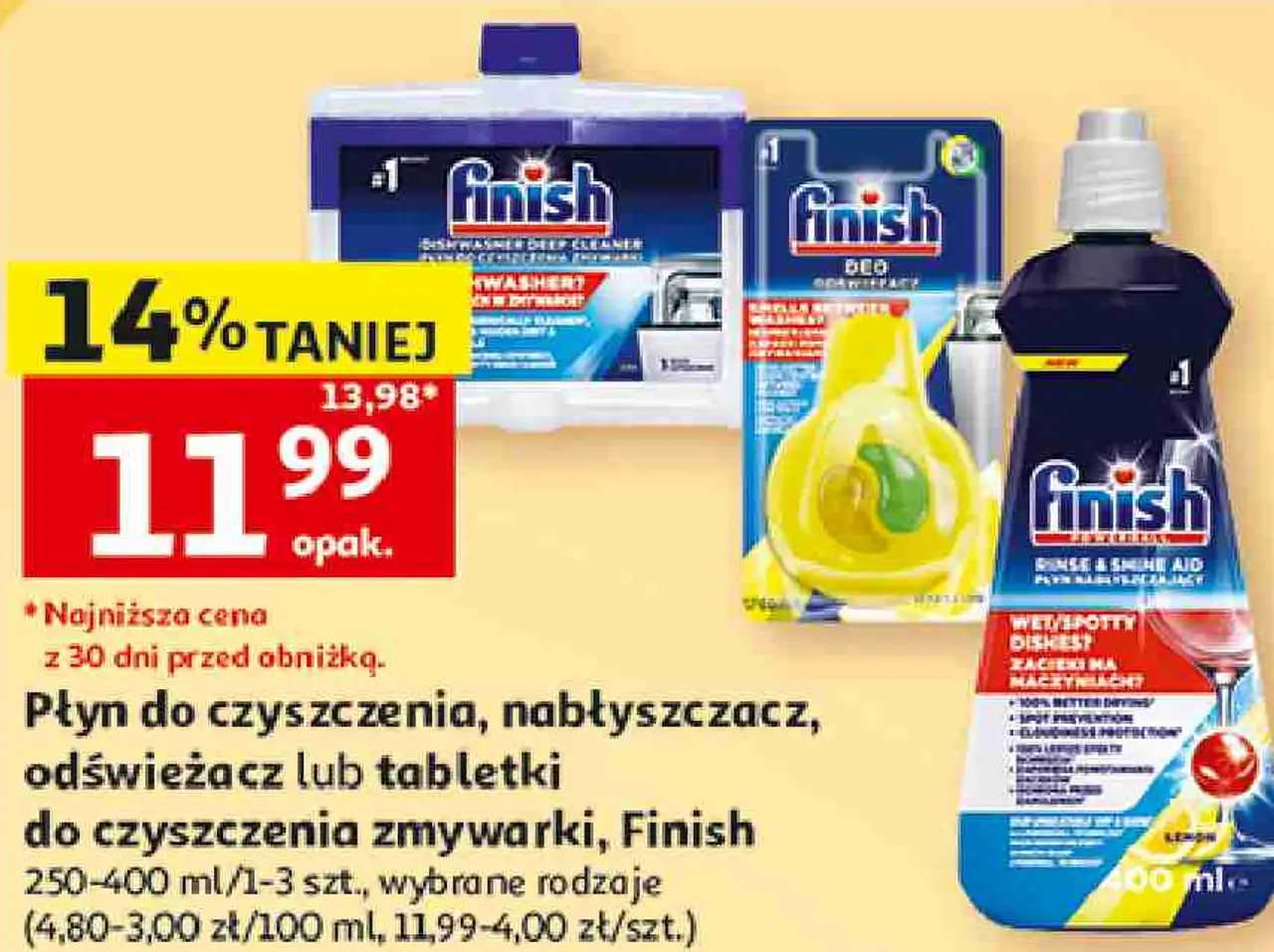 Płyn do czyszczenia, nabłyszczacz, odświeżacz lub tabletki do czyszczenia zmywarki, Finish