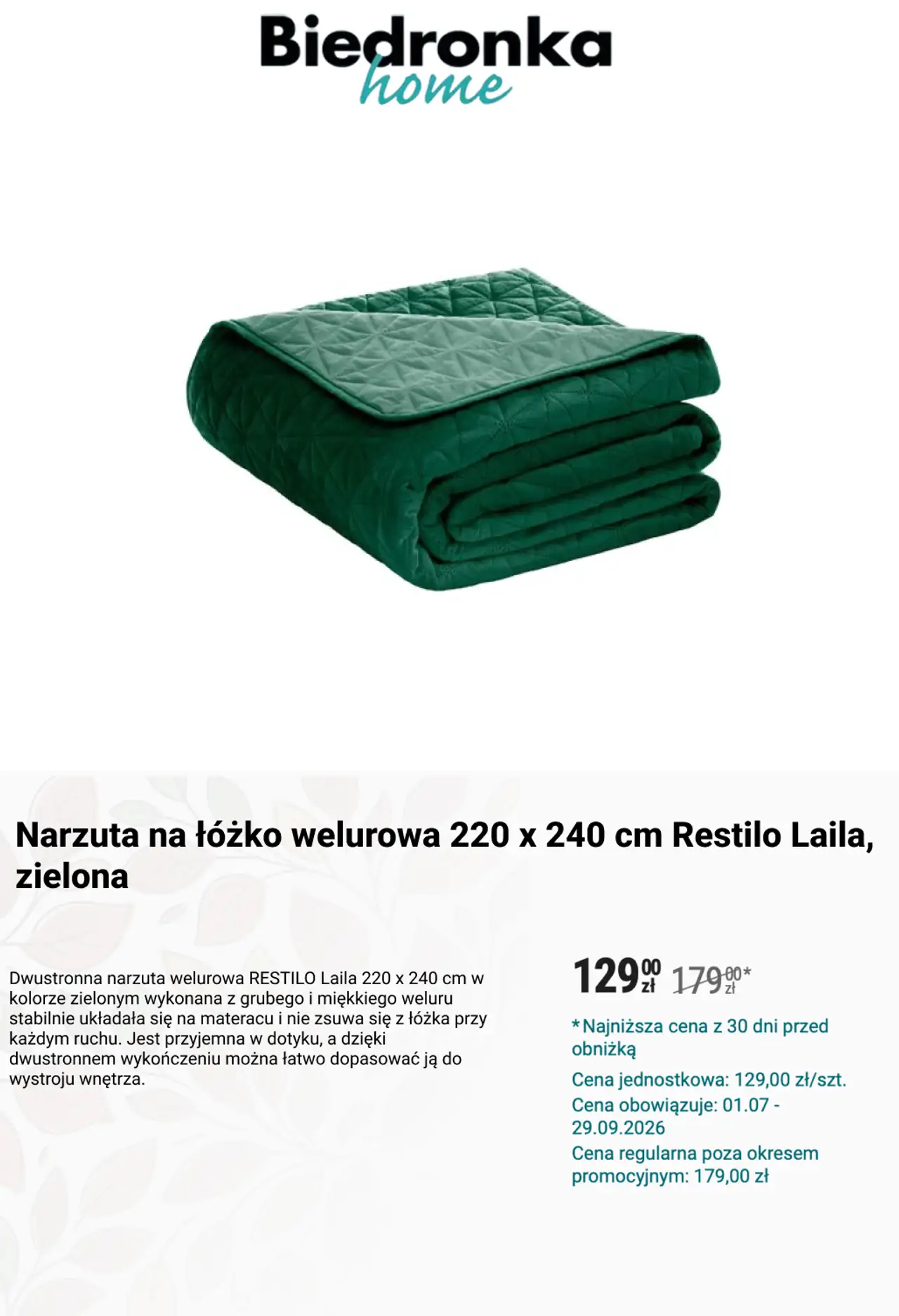 Narzuta na łóżko welurowa 220 x 240 cm Restilo Laila, zielona