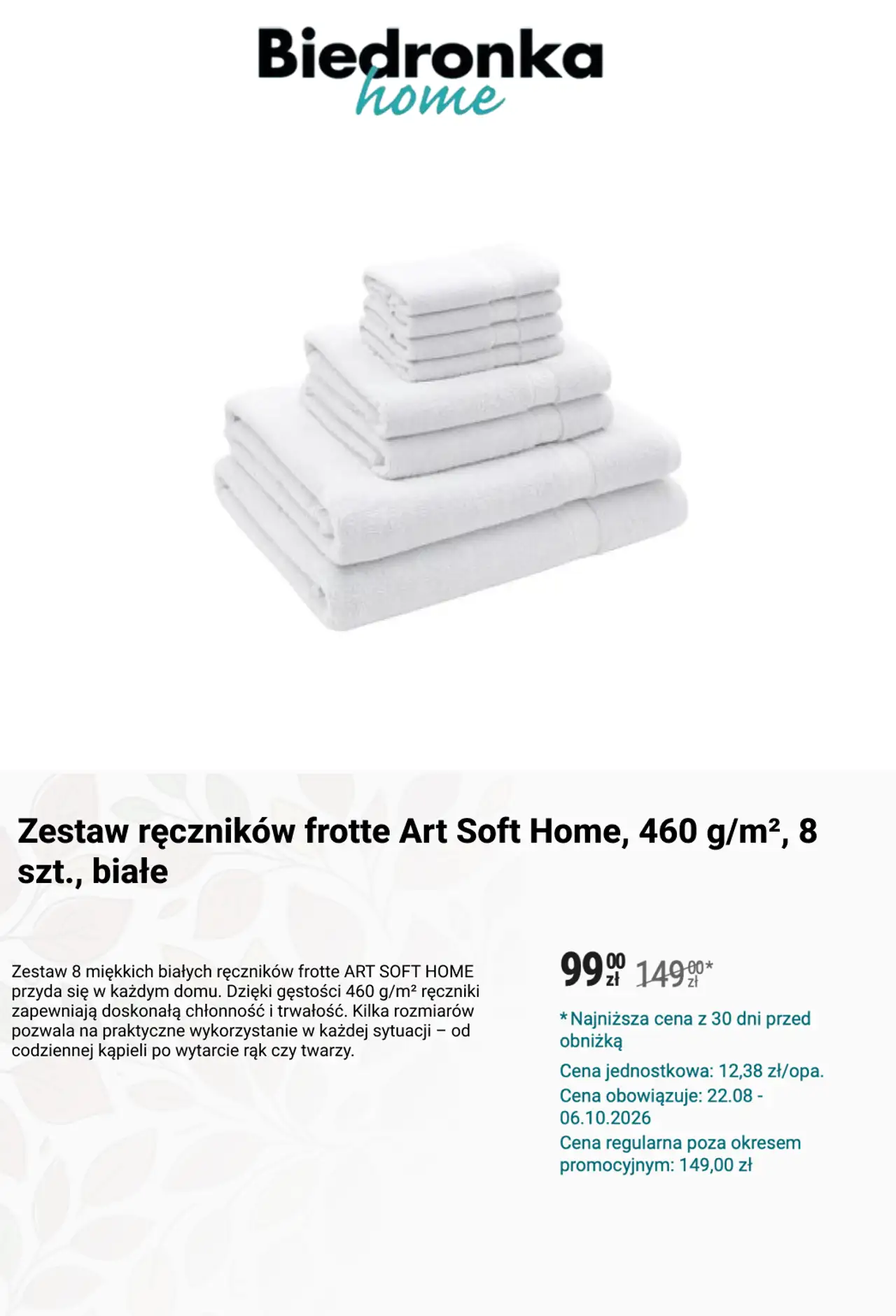 Zestaw ręczników frotte Art Soft Home, 460 g/m², 8 szt., białe