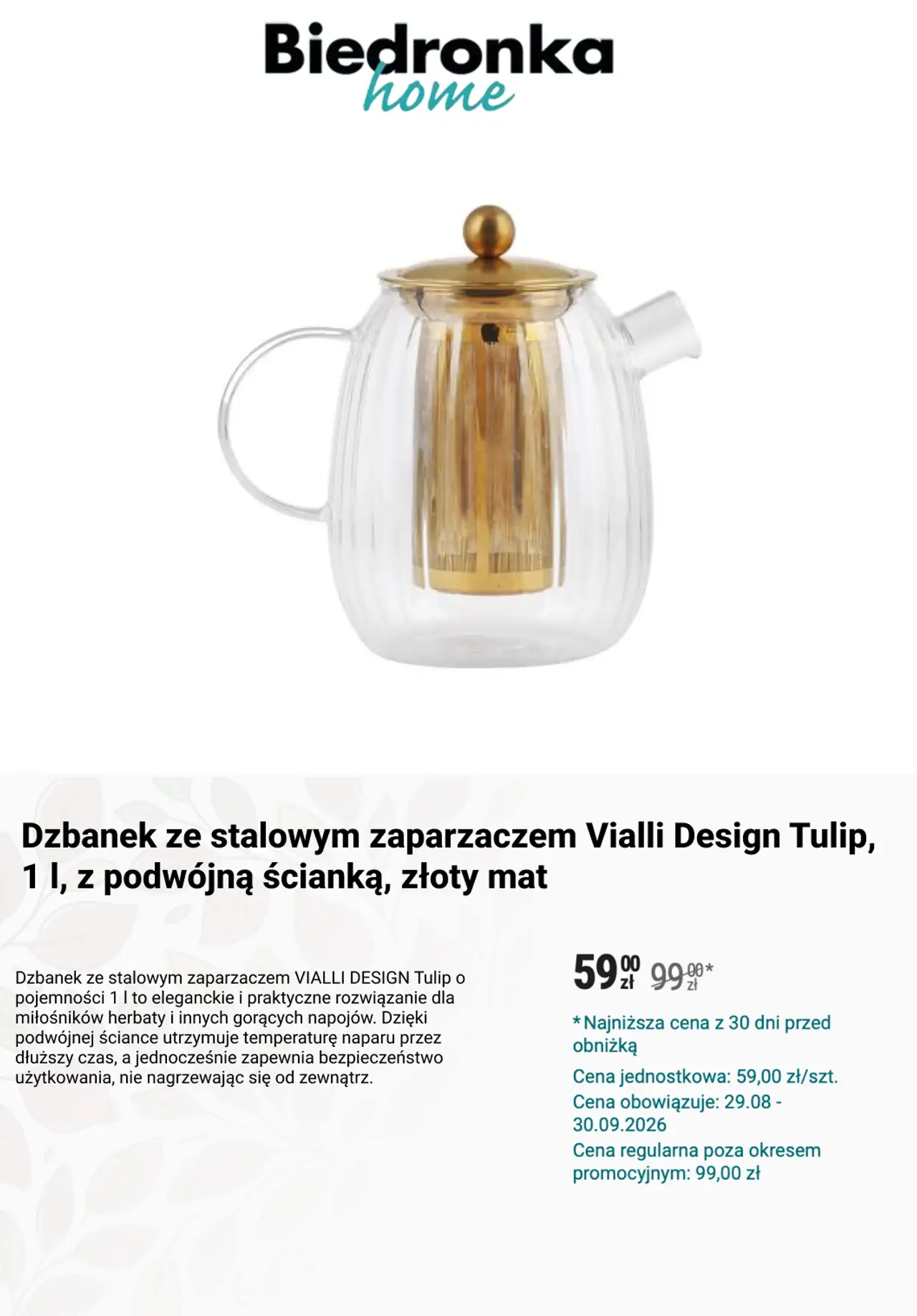 Dzbanek ze stalowym zaparzaczem Vialli Design Tulip, 1 l, z podwójną ścianką, złoty mat
