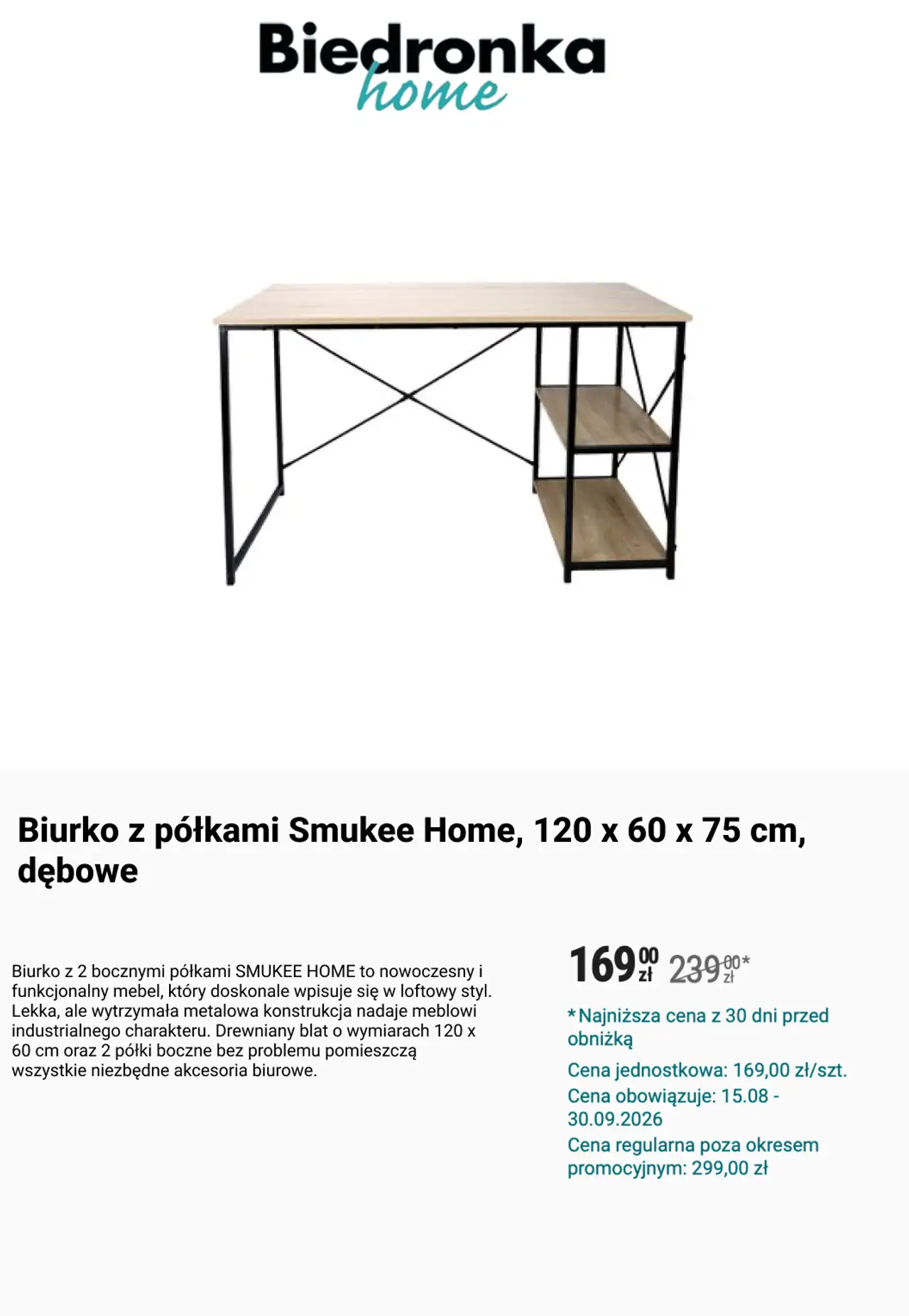 Biurko z półkami Smukee Home, 120 x 60 x 75 cm, dębowe