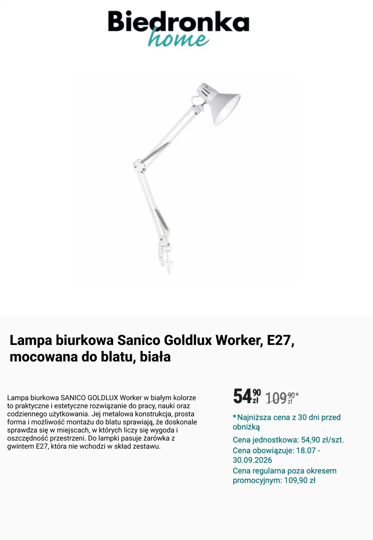 Lampa biurkowa Sanico Goldlux Worker, E27, mocowana do blatu, biała