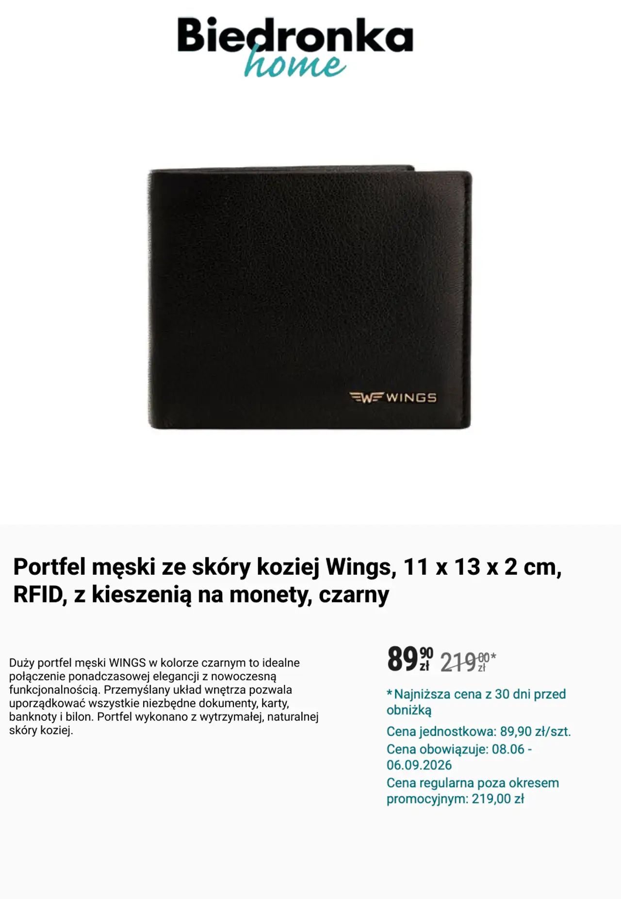 Portfel męski ze skóry koziej Wings, 11 x 13 x 2 cm, RFID, z kieszenią na monety, czarny