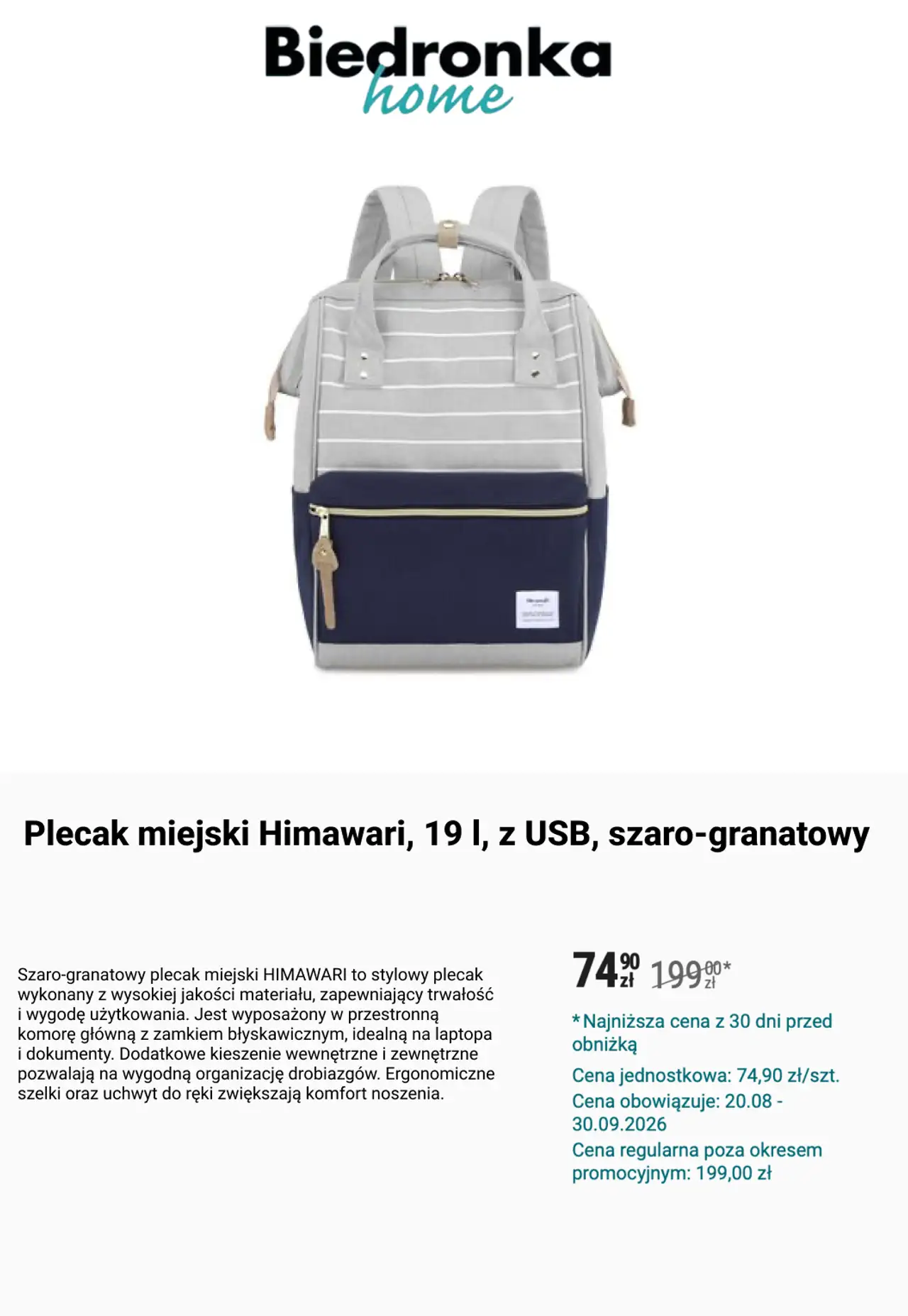 Plecak miejski Himawari, 19 l, z USB, szaro-granatowy