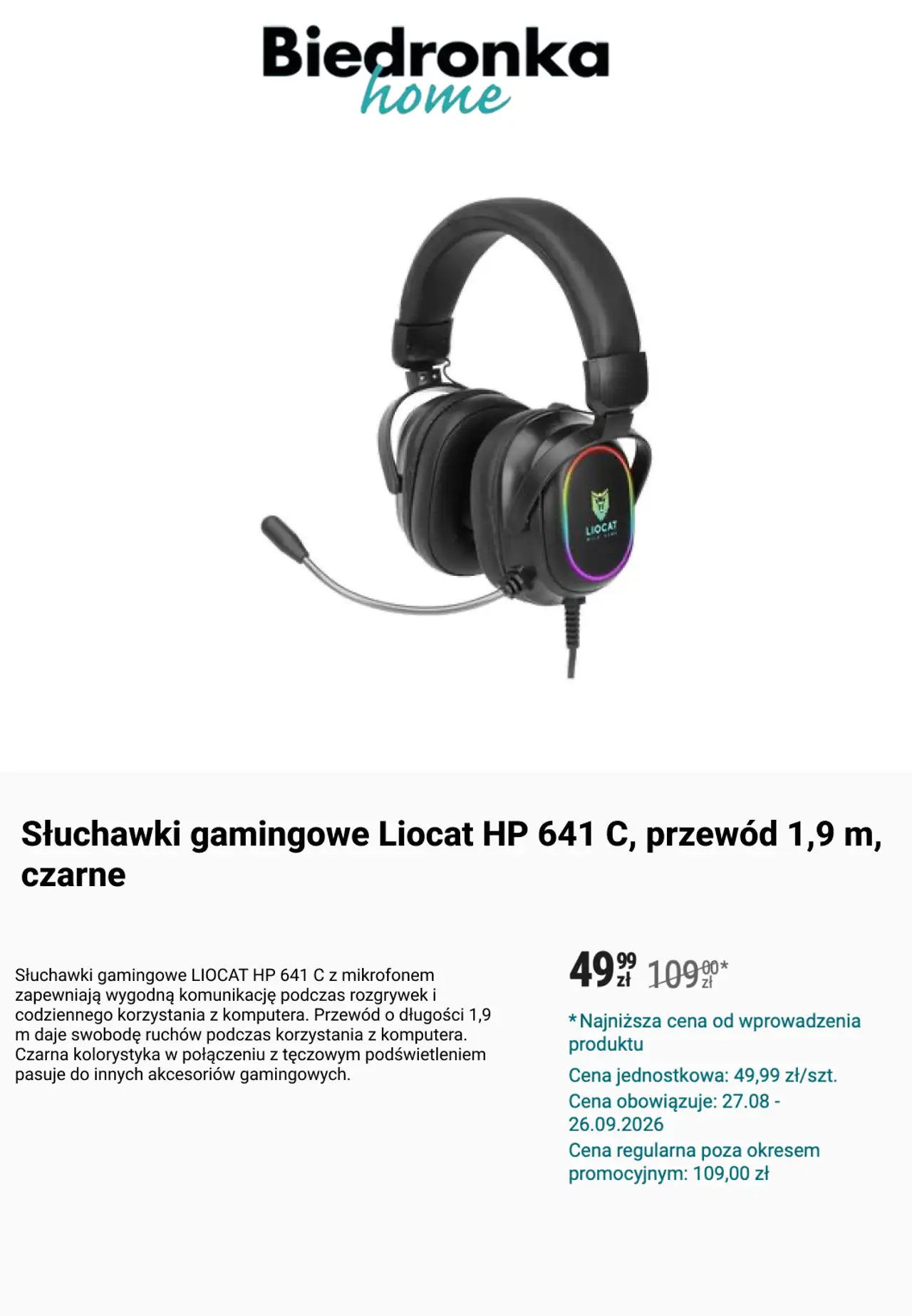 Słuchawki gamingowe Liocat HP 641 C, przewód 1,9 m, czarne