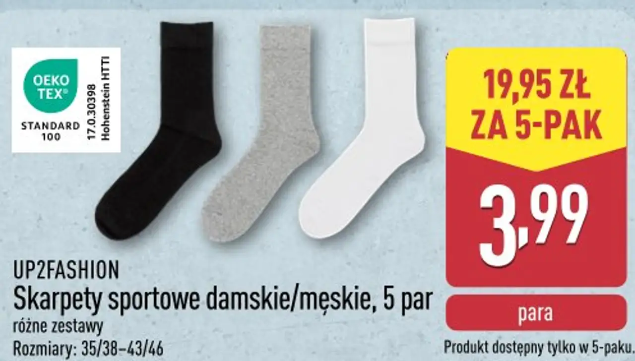 UP2FASHION Skarpety sportowe damskie/męskie, 5 par