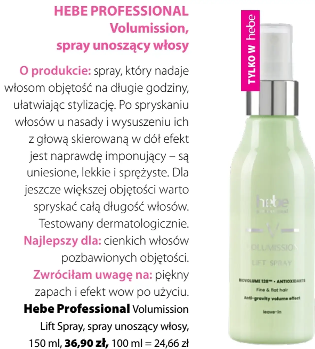 Hebe Professional Volumission Lift Spray, spray unoszący włosy