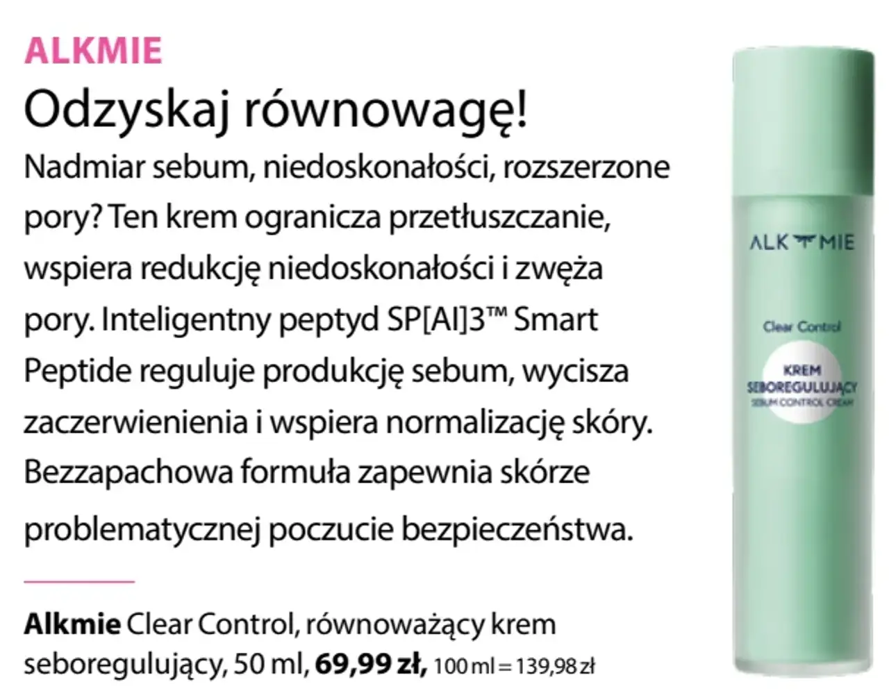 Alkmie Clear Control, równoważący krem seboregulujący