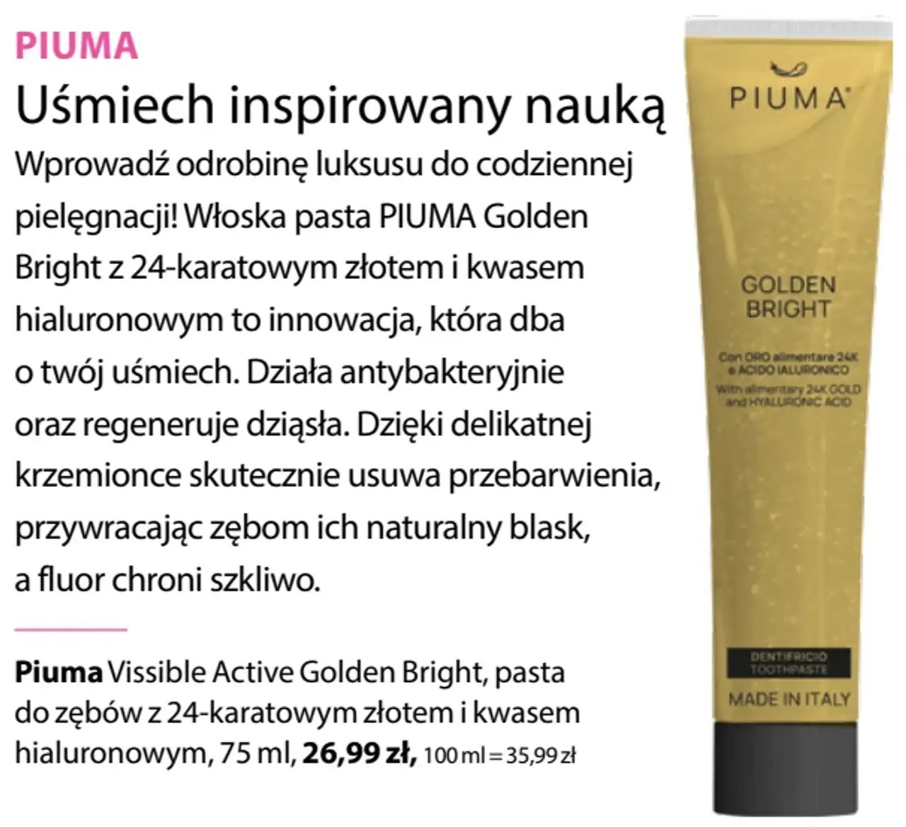 Piuma Vissible Active Golden Bright, pasta do zębów z 24-karatowym złotem i kwasem hialuronowym
