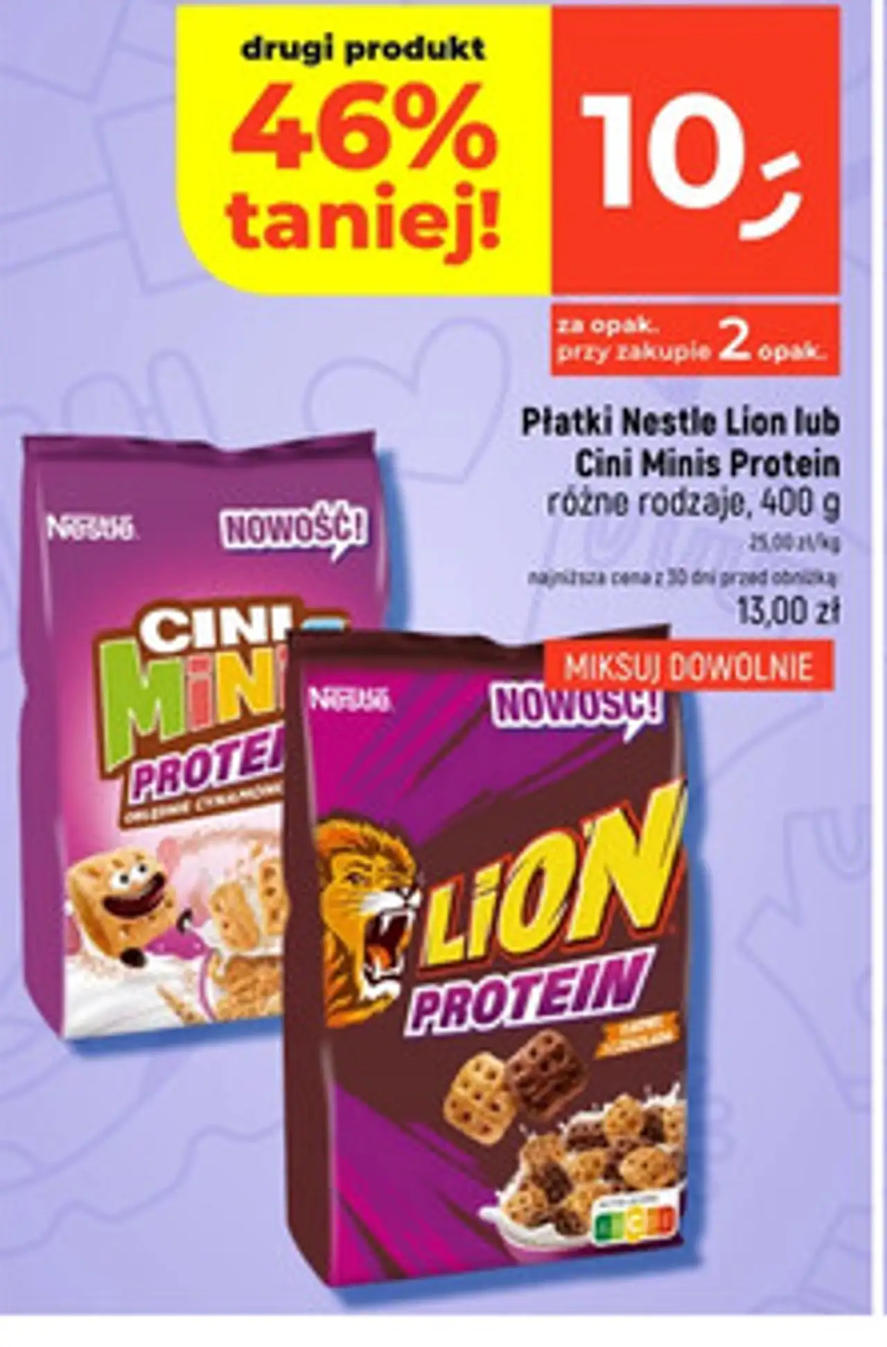 Płatki Nestle Lion lub Cini Minis Protein różne rodzaje, 400 g