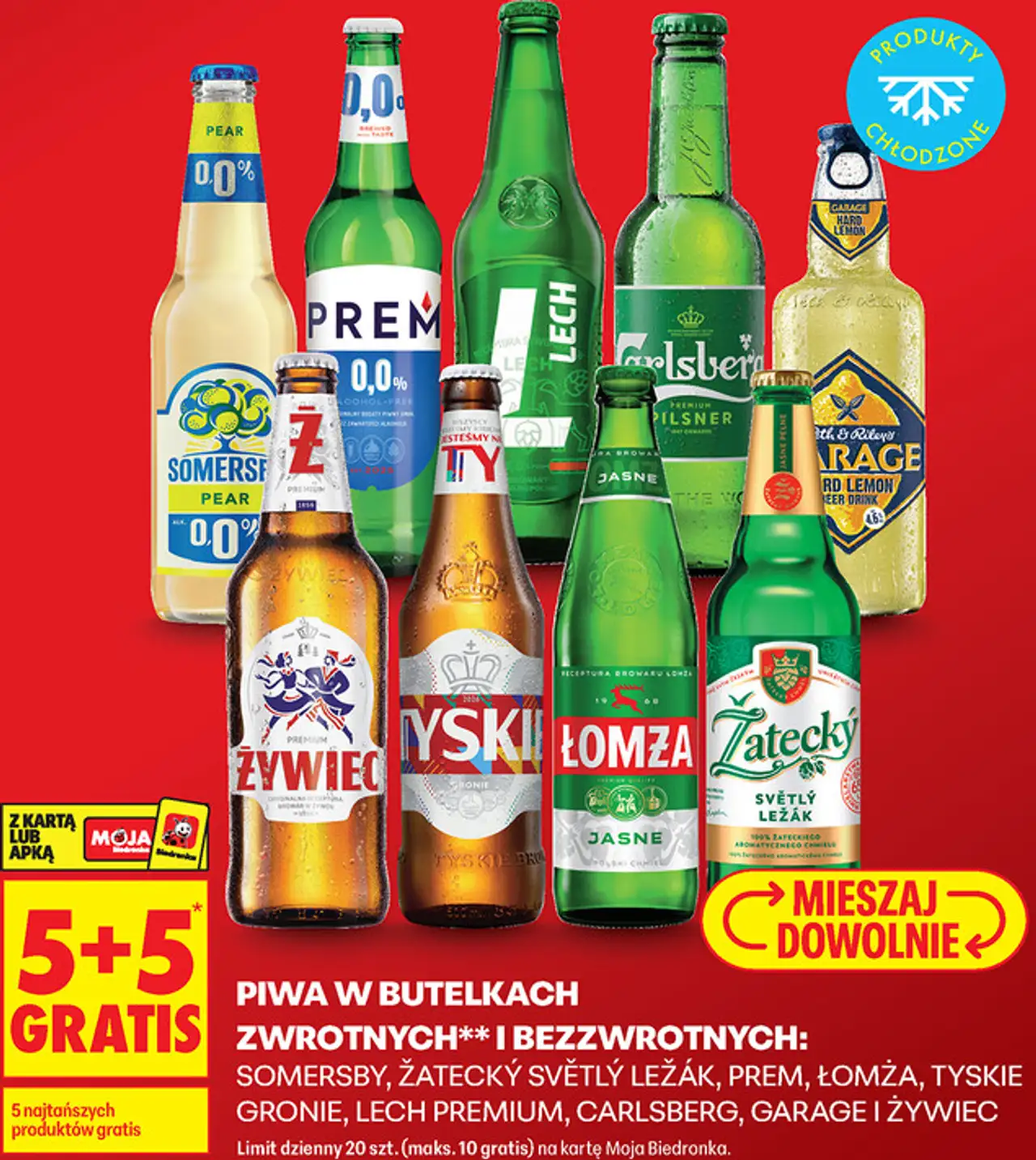 Piwa w butelkach zwrotnych i bezzwrotnych: Somersby, Žatecký Světlý Ležák, Prem, Łomża, Tyskie Gronie, Lech Premium, Carlsberg, Garage, Żywiec