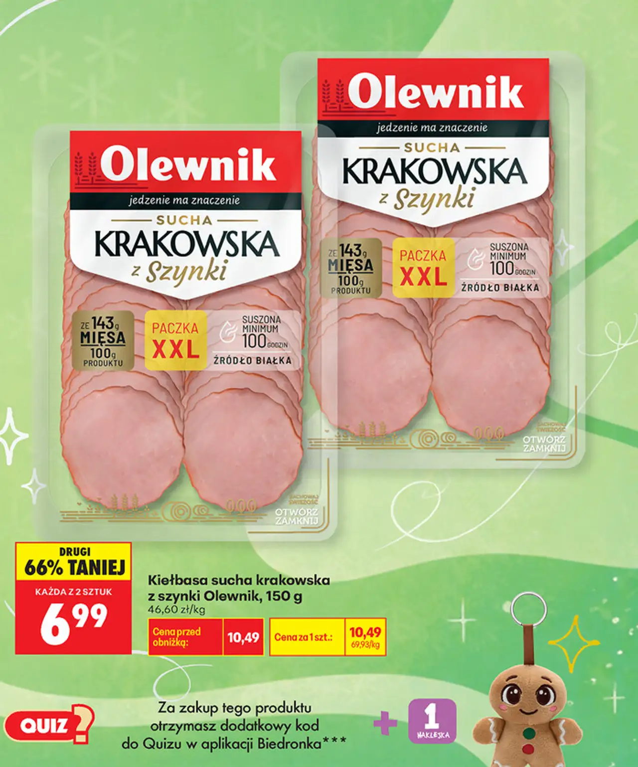 Kiełbasa sucha krakowska z szynki Olewnik, 150 g