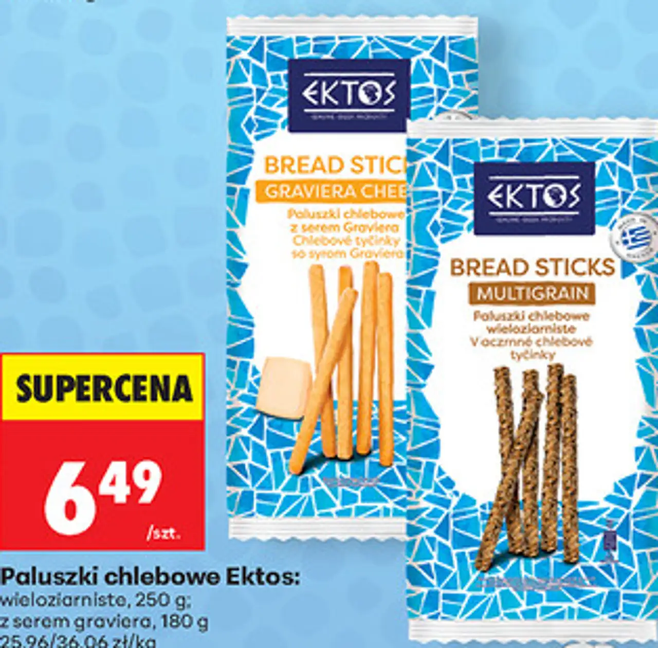 Paluszki chlebowe Ektos: wieloziarniste, 250 g; z serem graviera, 180 g