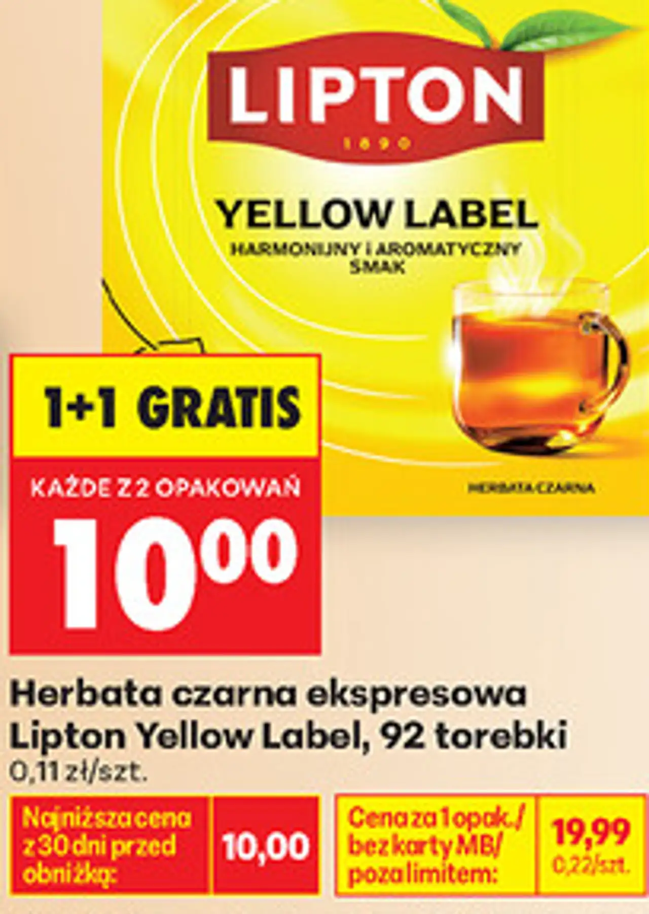 Herbata czarna ekspresowa Lipton Yellow Label, 92 torebki