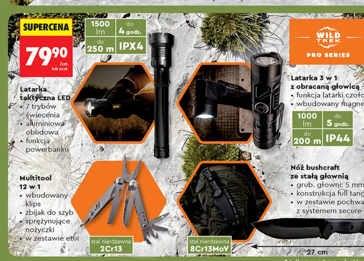 Latarka taktyczna LED, Multitool, Latarka 3 w 1 lub Nóż bushcraft Wild Trek Pro Series