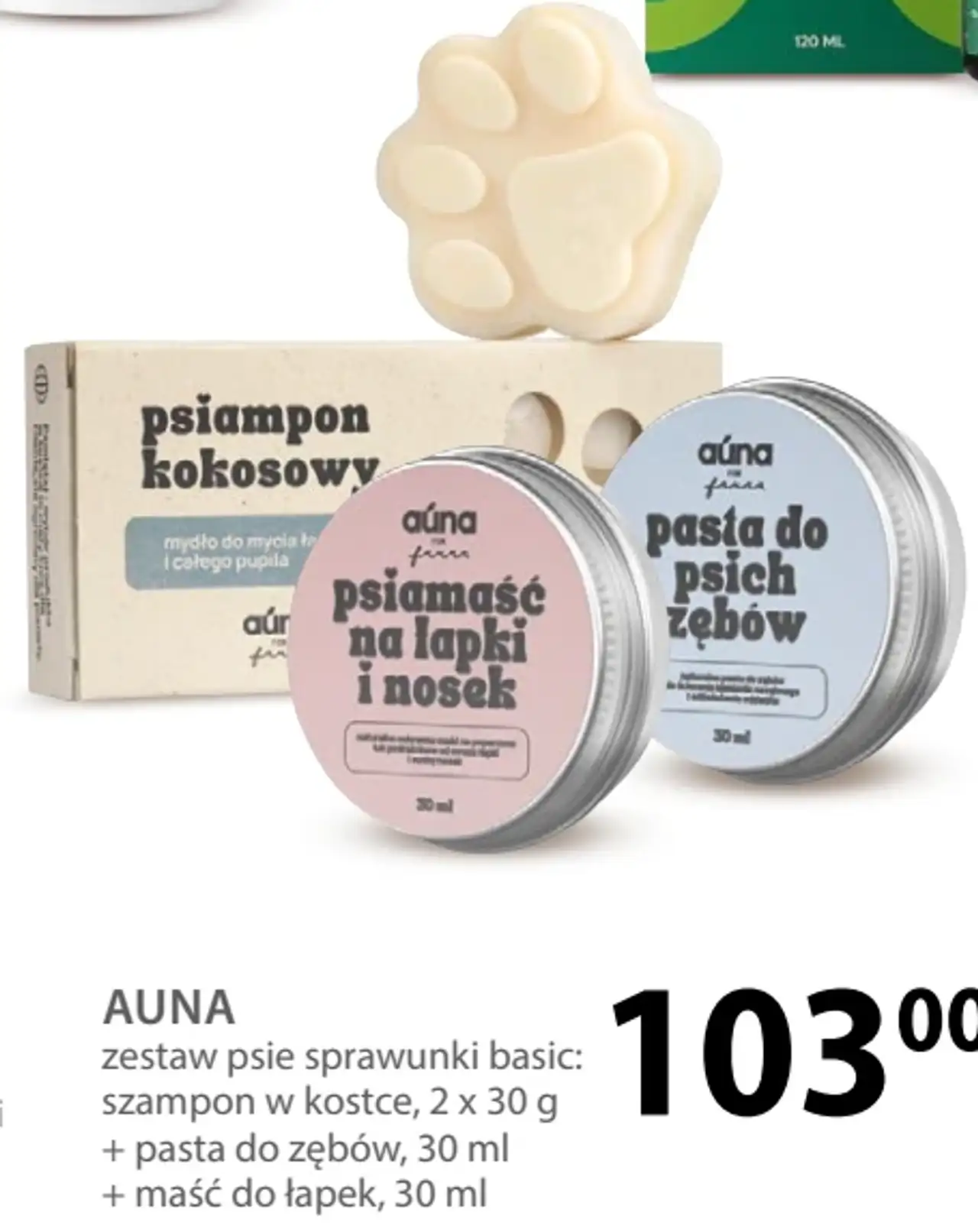 AUNA zestaw psie sprawunki basic: szampon w kostce, pasta do zębów, maść do łapek