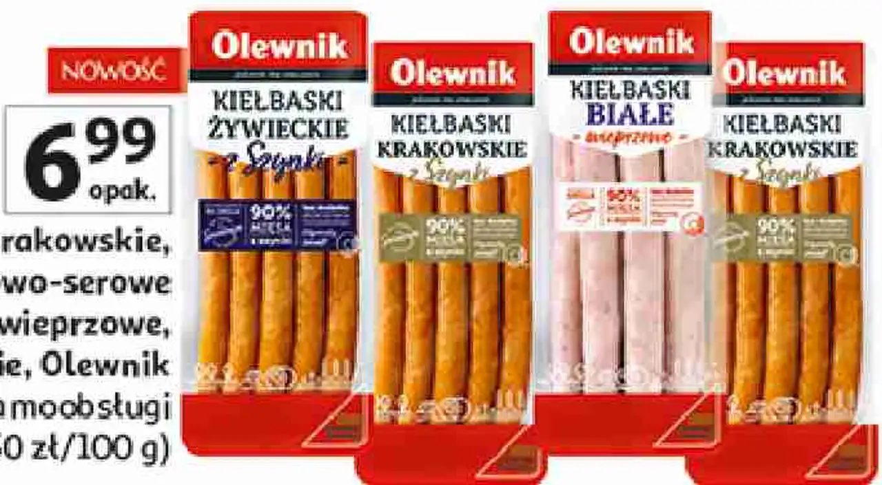 Kiełbaski krakowskie, bekonowo-serowe lub białe wieprzowe, lub żywieckie, Olewnik, 200 g