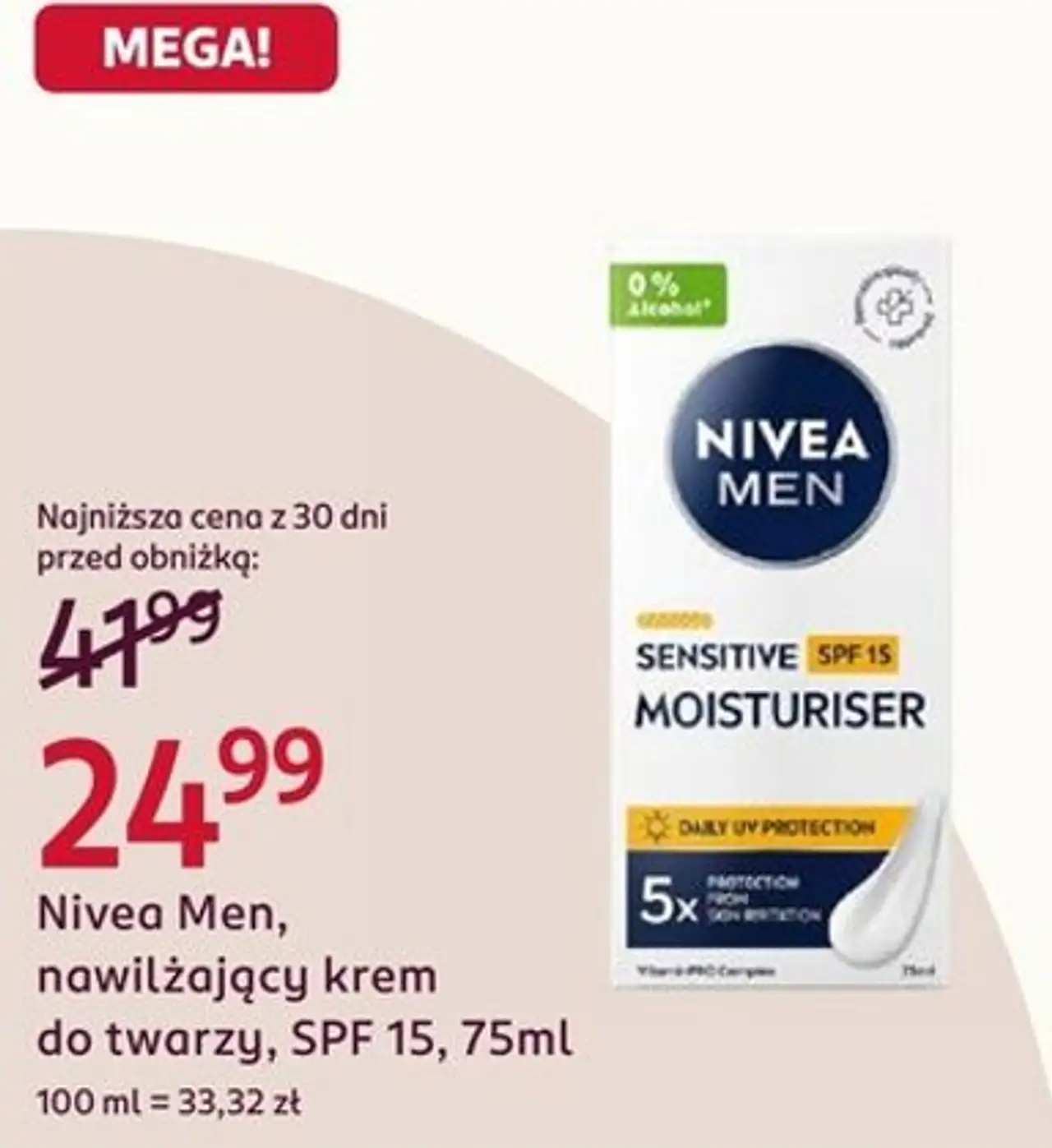 Nivea Men Sensitive, nawilżający krem do twarzy, SPF 15, 75 ml
