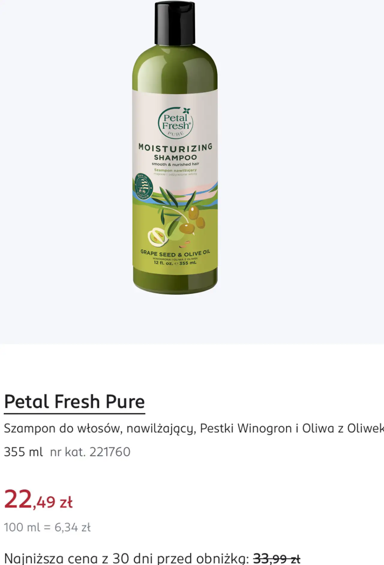 Petal Fresh Pure Szampon do włosów, nawilżający, Pestki Winogron i Oliwa z Oliwek