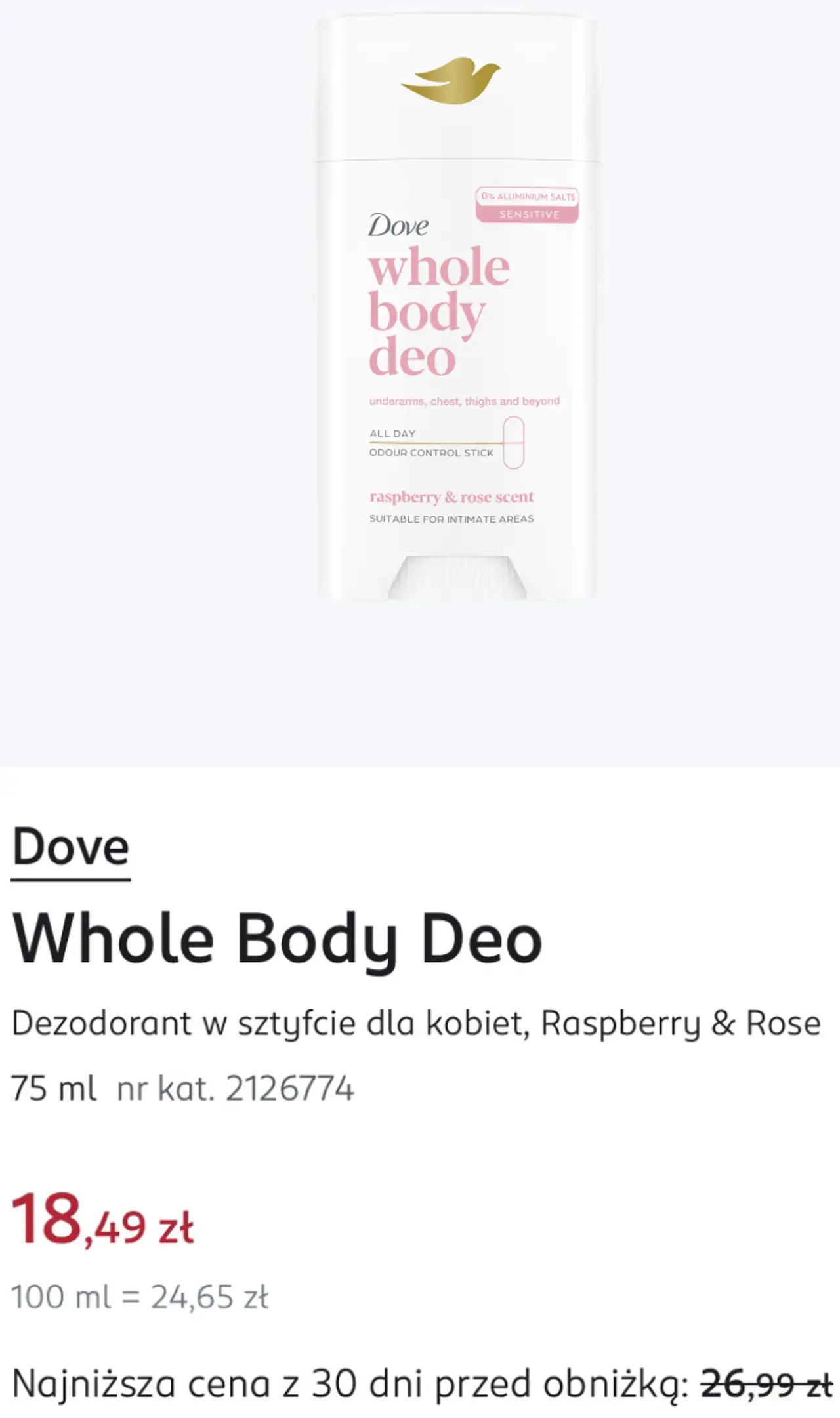 Dove Whole Body Deo Dezodorant w sztyfcie dla kobiet, Raspberry & Rose