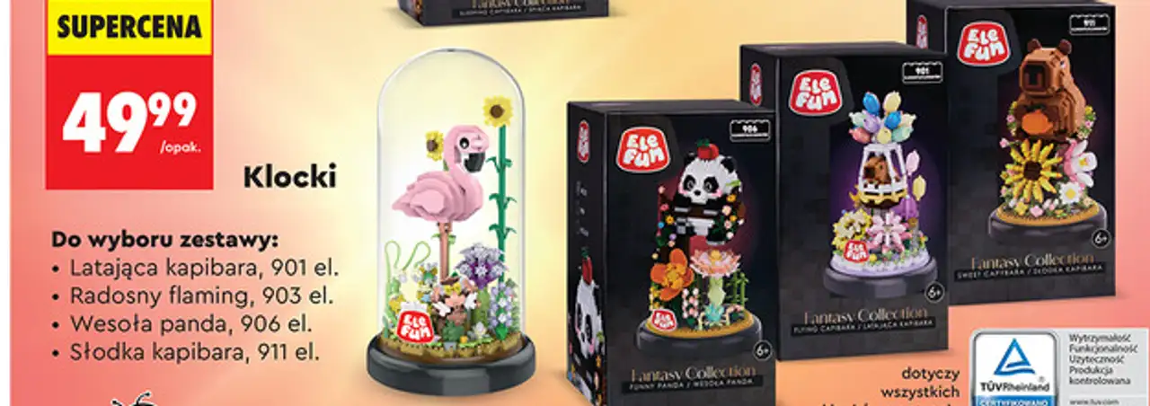 Klocki EleFun (zestawy do wyboru: Latająca kapibara, Radosny flaming, Wesoła panda, Słodka kapibara)