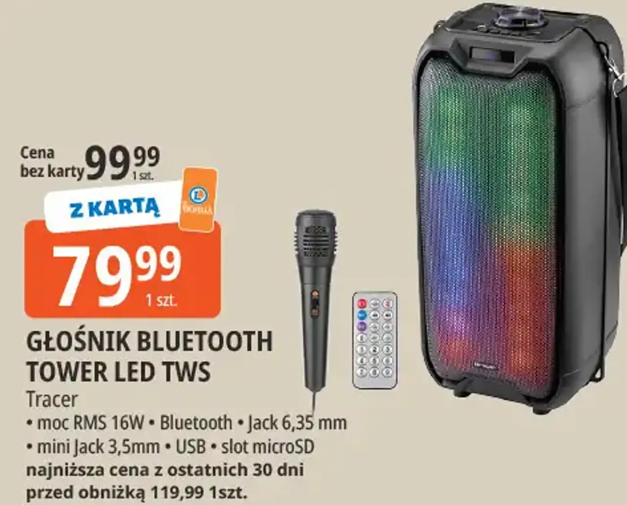 GŁOŚNIK BLUETOOTH TOWER LED TWS Tracer