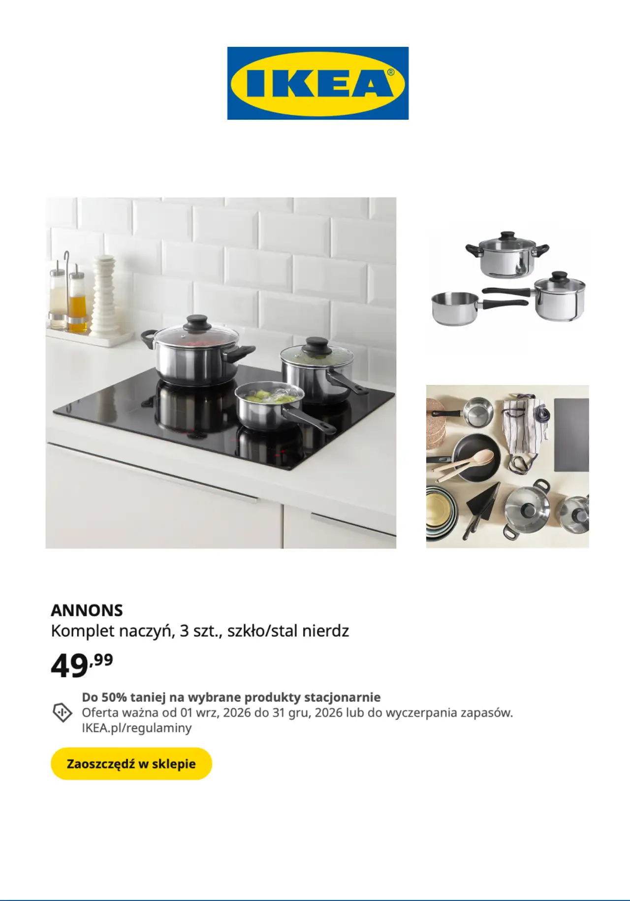IKEA ANNONS Komplet naczyń, 3 szt., szkło/stal nierdz