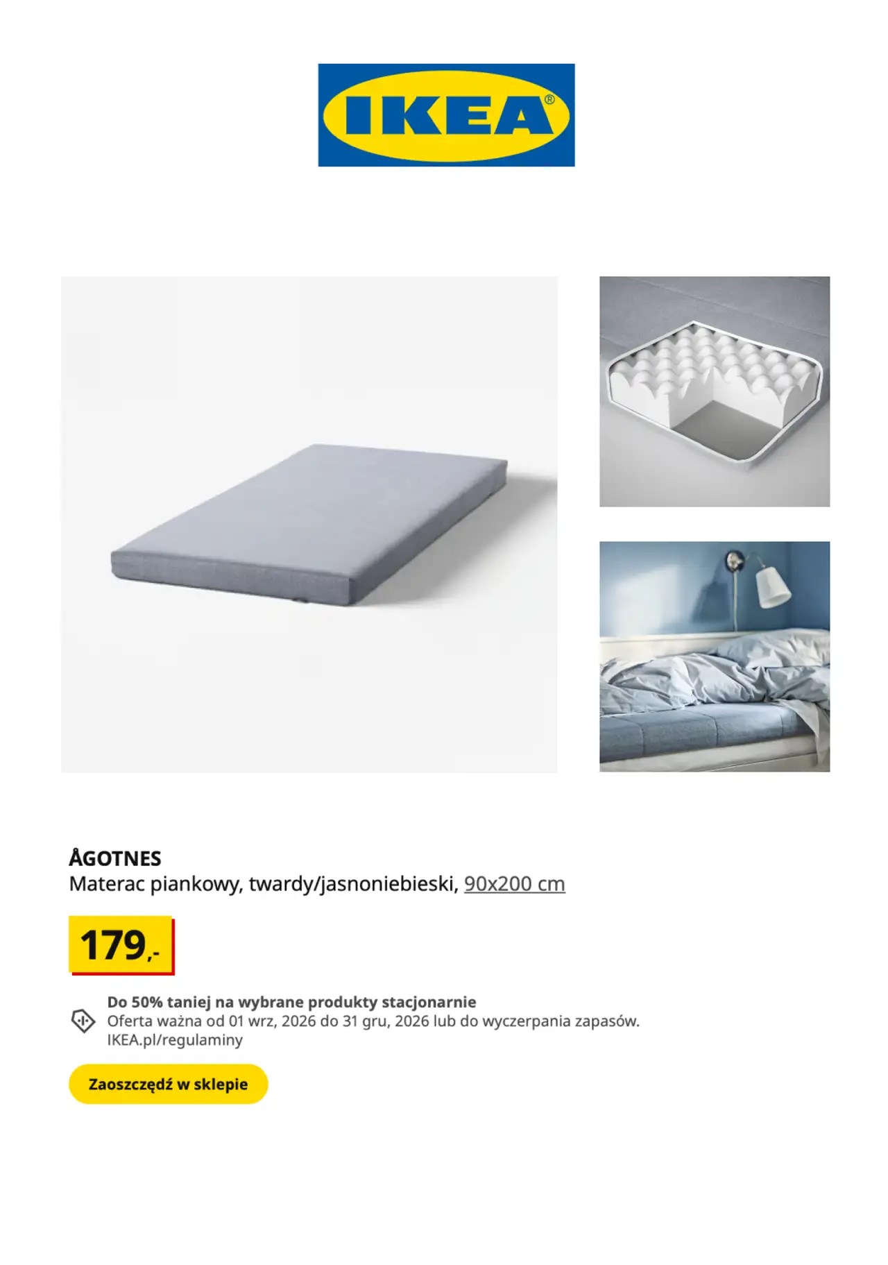 Materac piankowy IKEA ÅGOTNES, twardy, jasnoniebieski, 90x200 cm