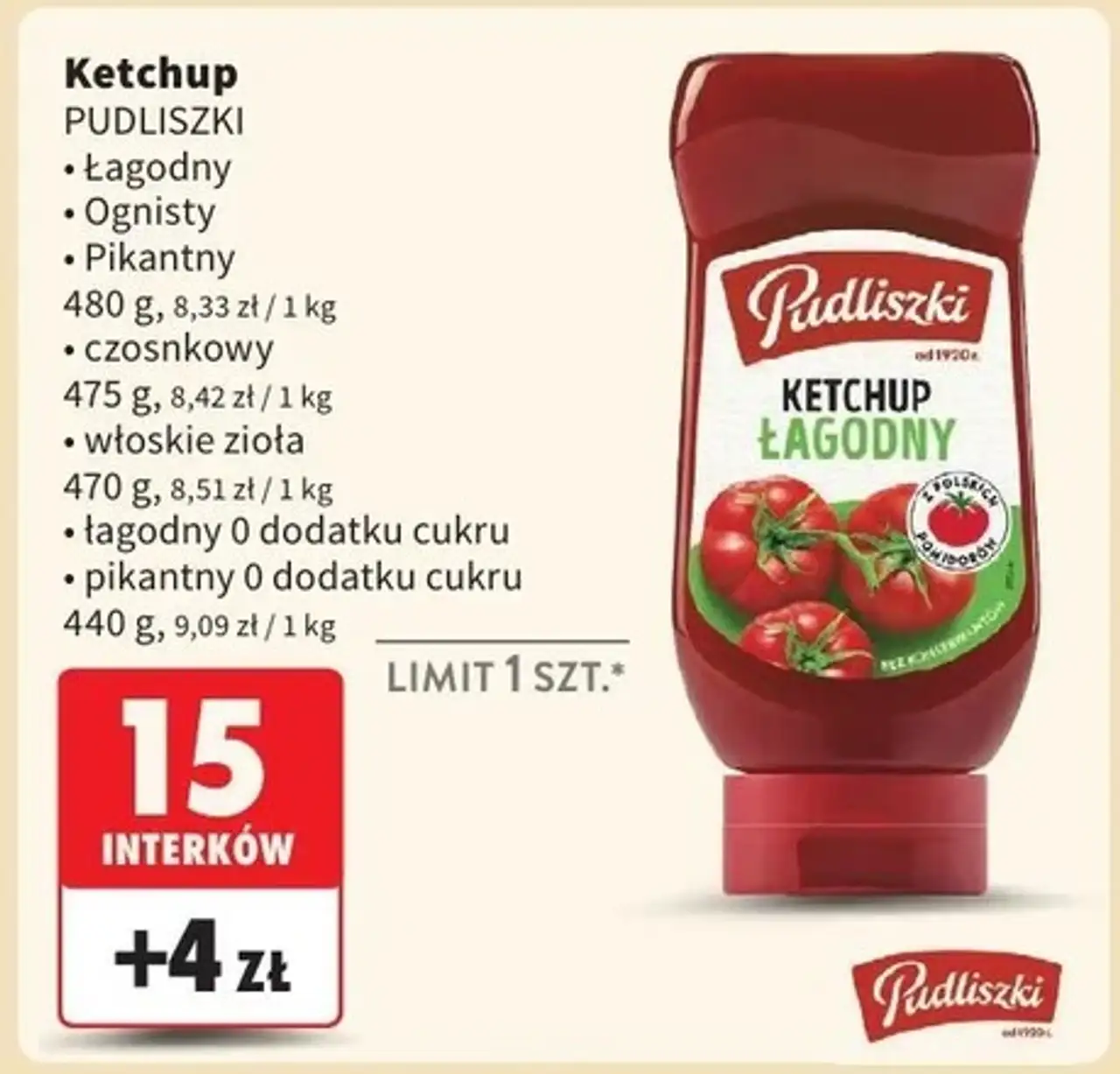 Ketchup łagodny bez cukru Pudliszki