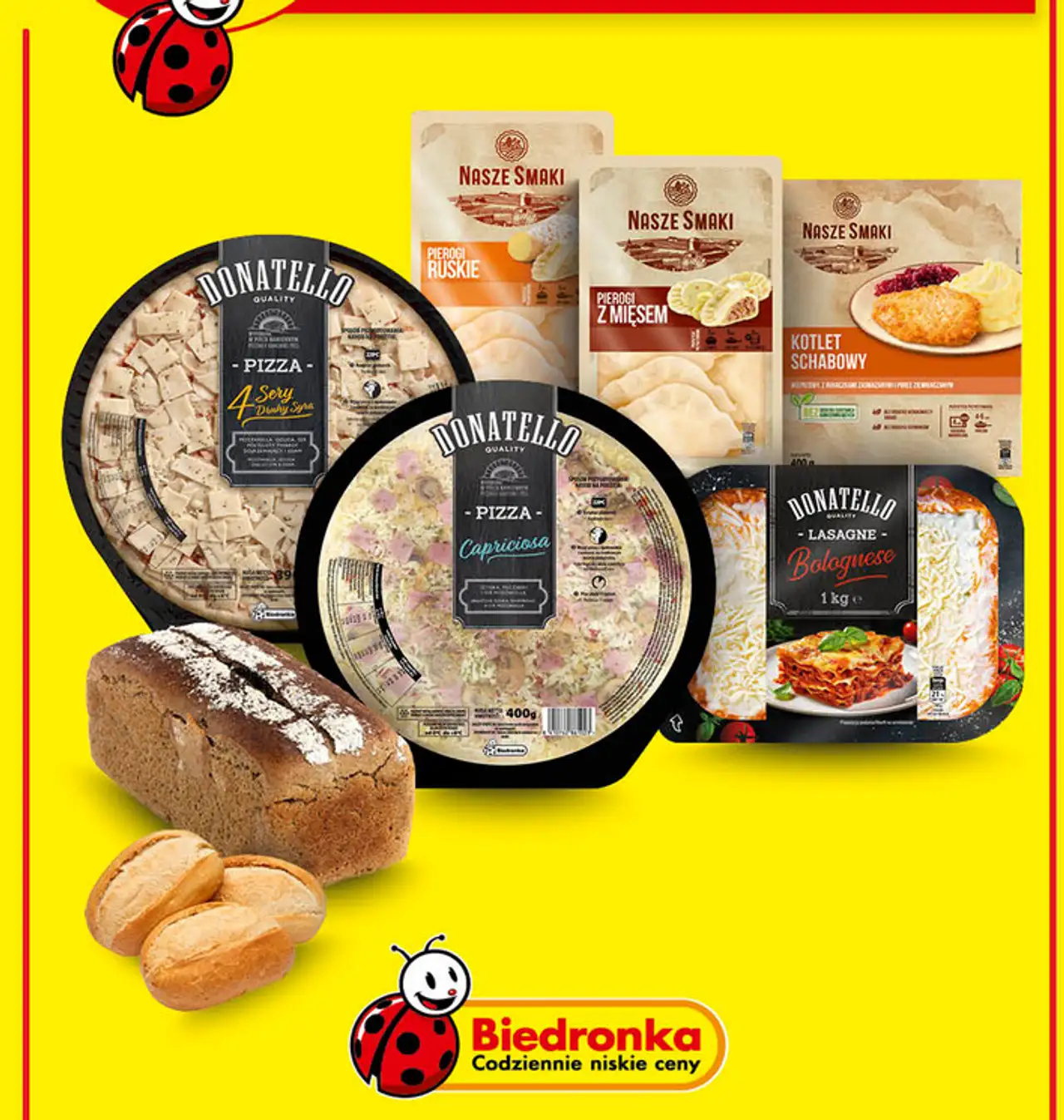 Artykuły spożywcze Biedronka (Pizza i Lasagne Donatello, Pierogi i Kotlet Schabowy Nasze Smaki, pieczywo)