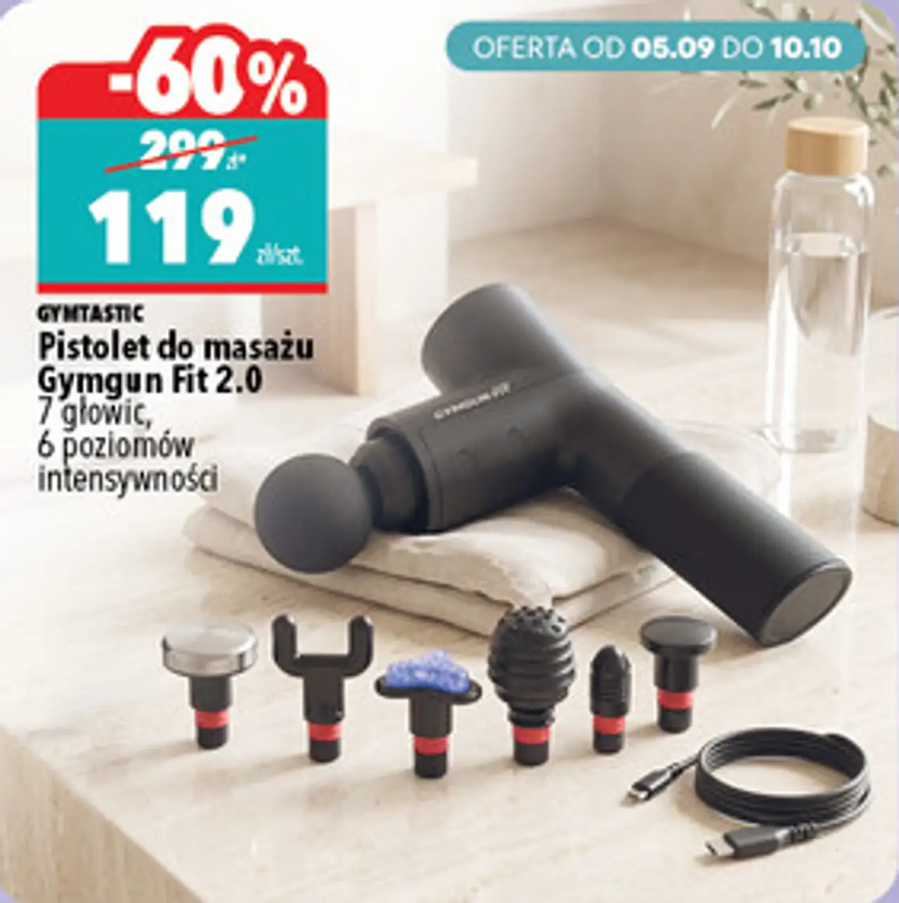 Pistolet do masażu Gymgun Fit 2.0 Gymtastic, 7 głowic, 6 poziomów intensywności