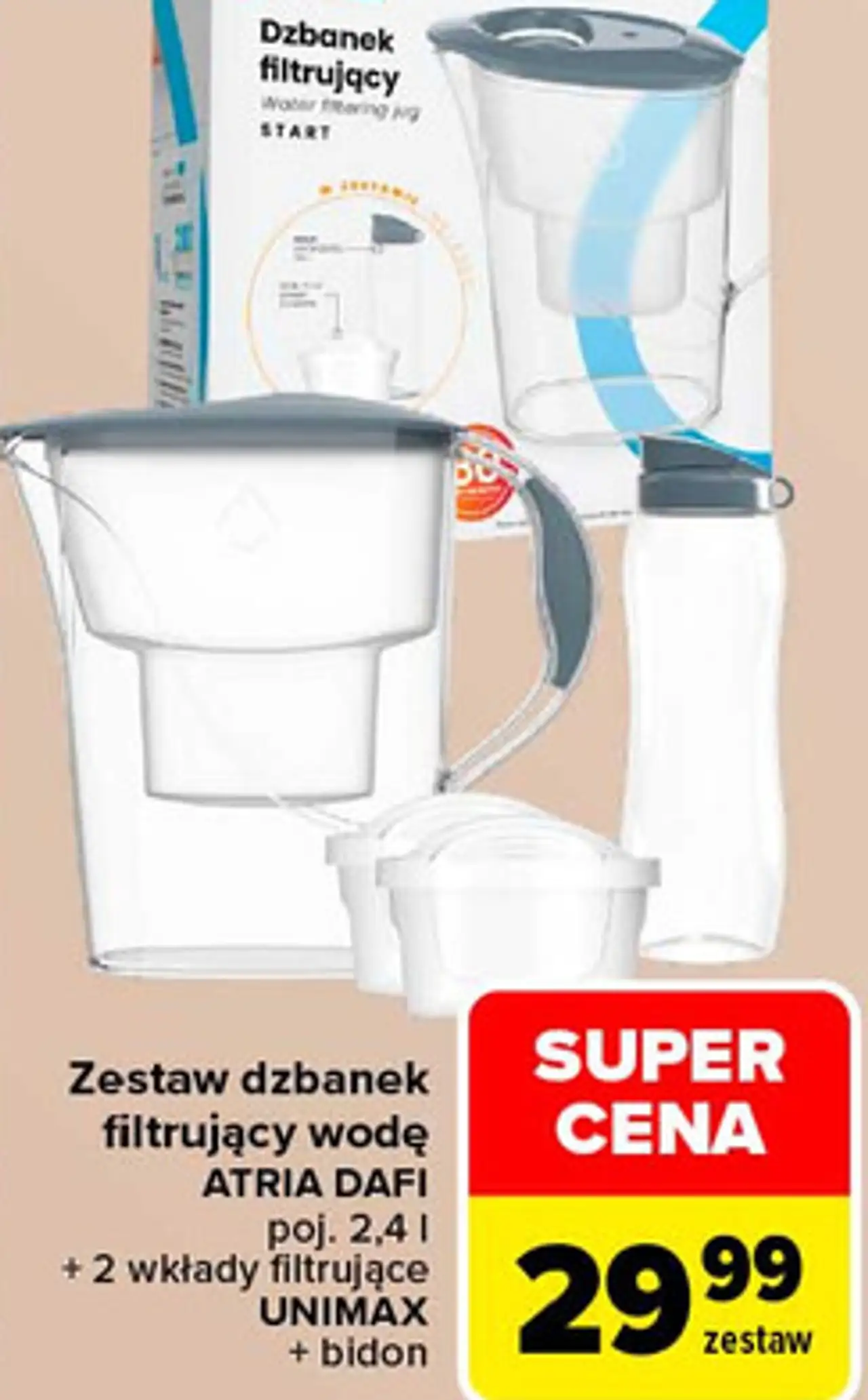 Zestaw dzbanek filtrujący wodę Atria Dafi + 2 wkłady filtrujące Unimax + bidon