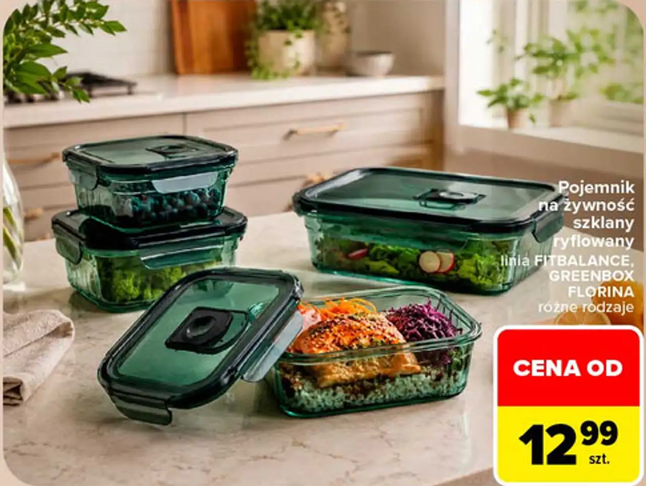 Pojemnik na żywność szklany ryflowany linia FITBALANCE, GREENBOX FLORINA
