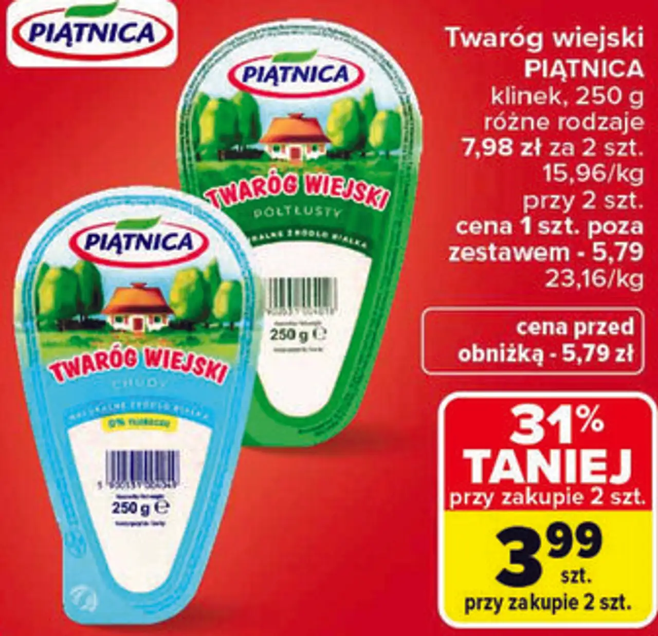 Twaróg wiejski PIĄTNICA klinek różne rodzaje 250 g