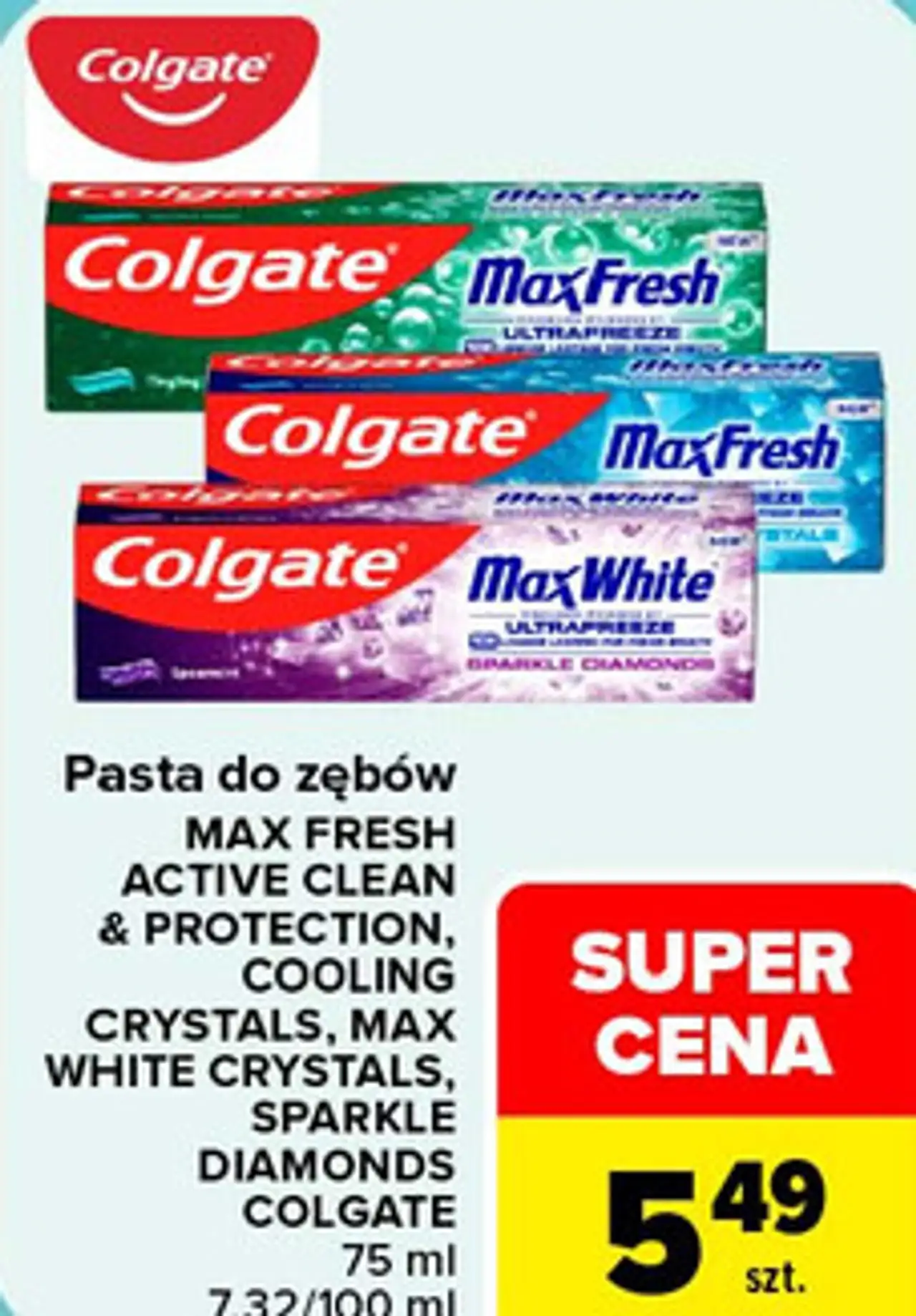 Pasta do zębów MAX FRESH ACTIVE CLEAN & PROTECTION, COOLING CRYSTALS, MAX WHITE CRYSTALS, SPARKLE DIAMONDS COLGATE