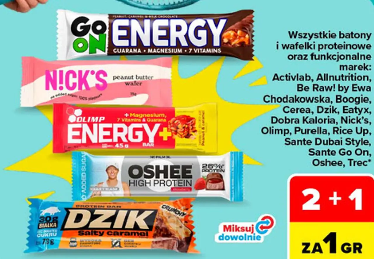 Batony i wafelki proteinowe oraz funkcjonalne marek: Activlab, Allnutrition, Be Raw!, Boogie, Cerea, Dzik, Eatyx, Dobra Kaloria, Nick's, Olimp, Purella, Rice Up, Sante Dubai Style, Sante Go On, Oshee, Trec