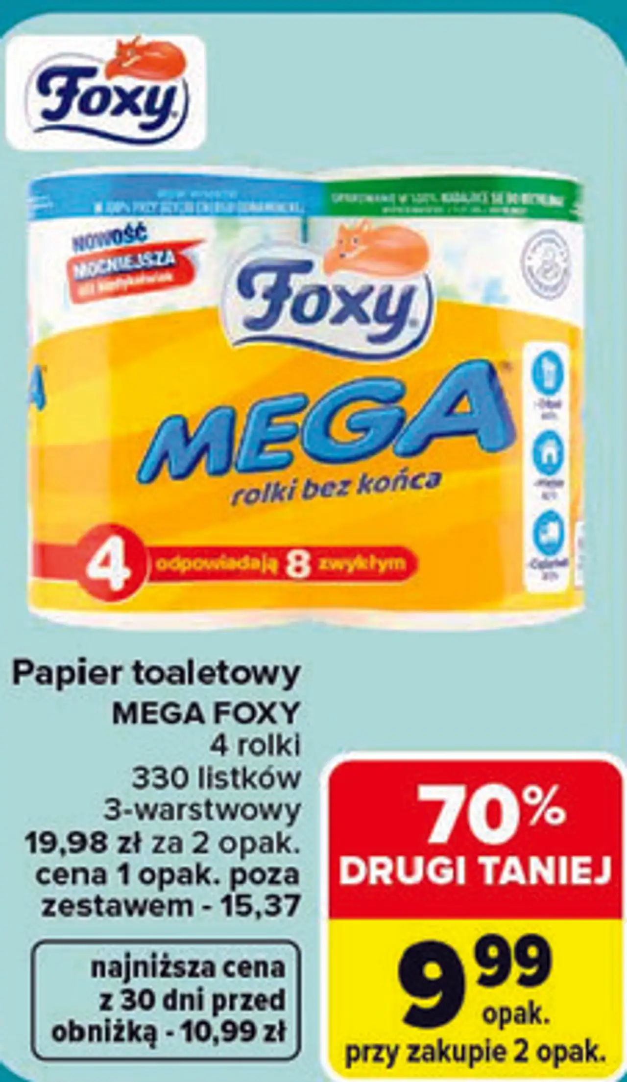 Papier toaletowy Foxy Mega rolki bez końca 4 rolki 3-warstwowy