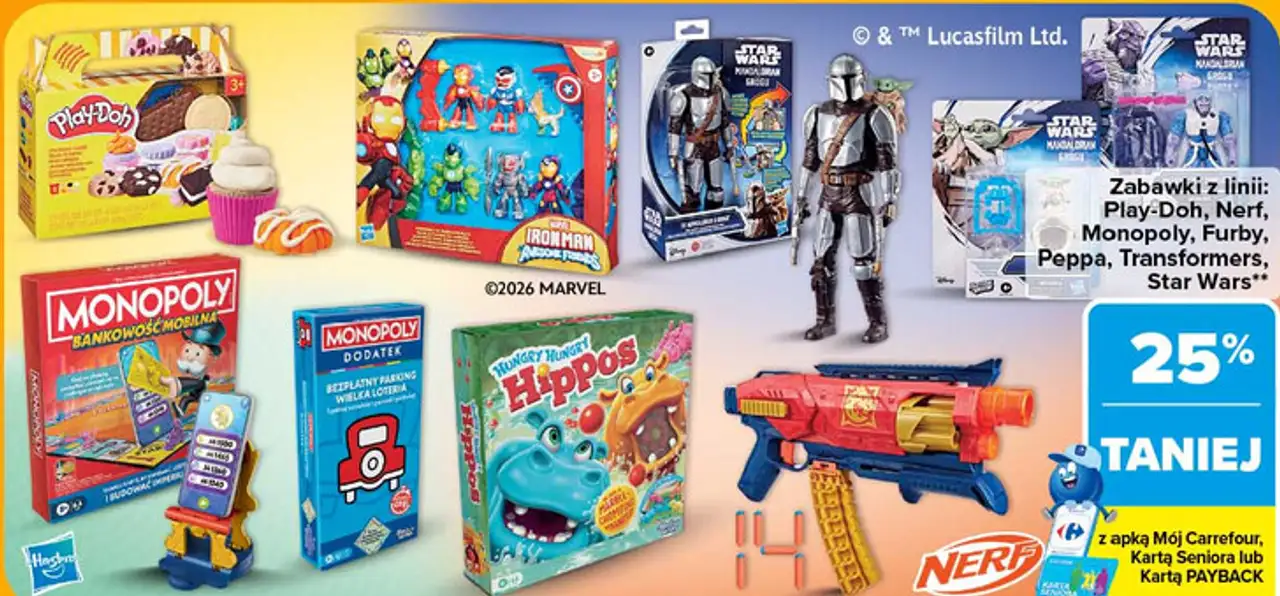 Zabawki z linii: Play-Doh, Nerf, Monopoly, Furby, Peppa, Transformers, Star Wars