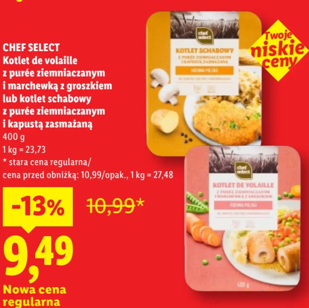CHEF SELECT Kotlet de volaille z purée ziemniaczanym i marchewką z groszkiem lub kotlet schabowy z purée ziemniaczanym i kapustą zasmażaną