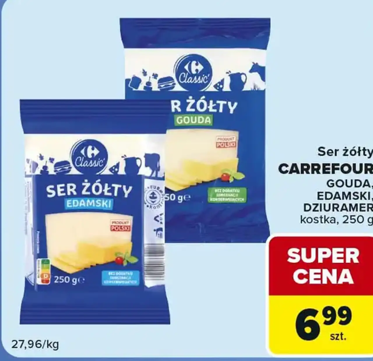 Ser żółty CARREFOUR GOUDA, EDAMSKI, DZIURAMER kostka