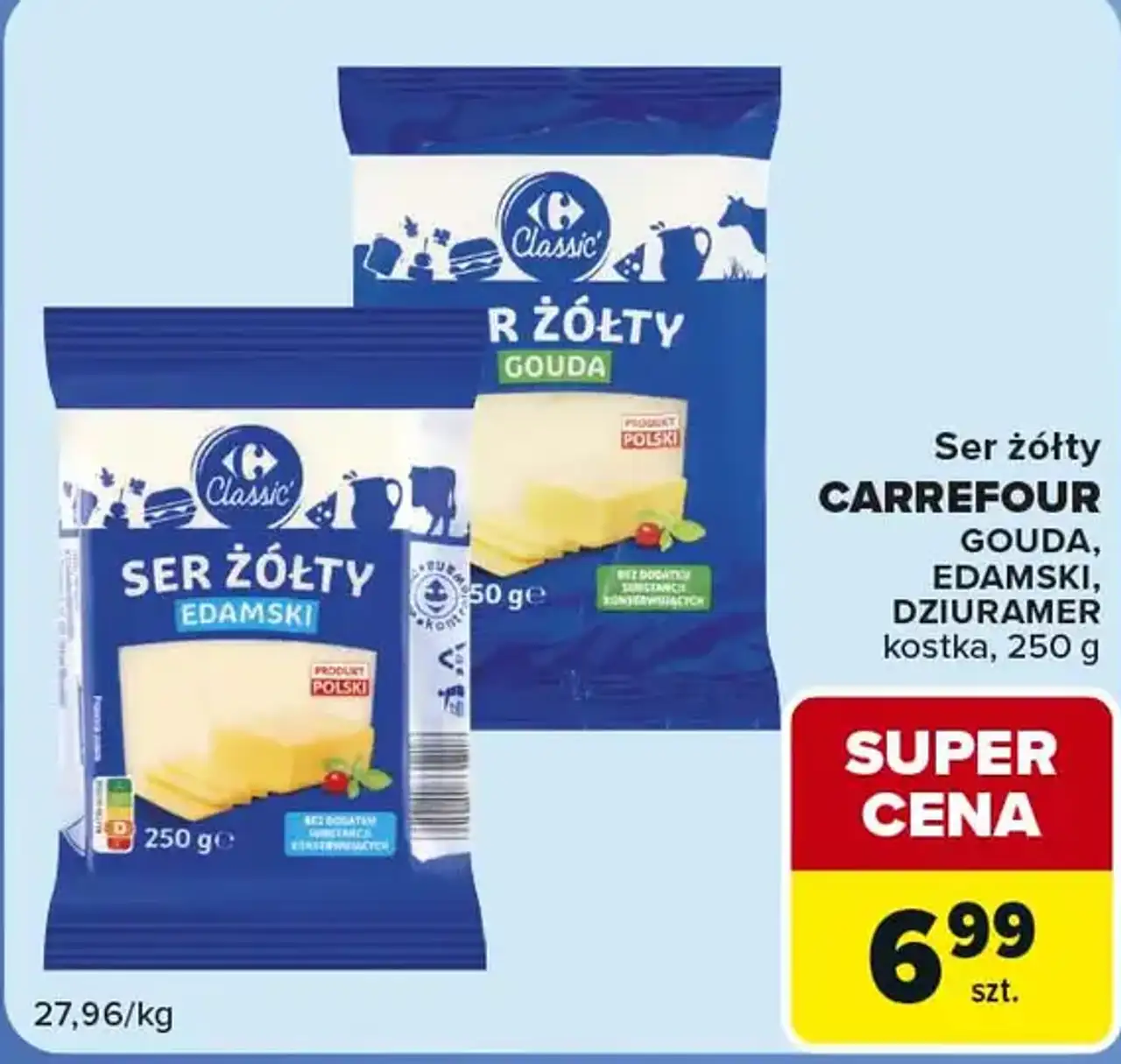 Ser żółty CARREFOUR GOUDA, EDAMSKI, DZIURAMER