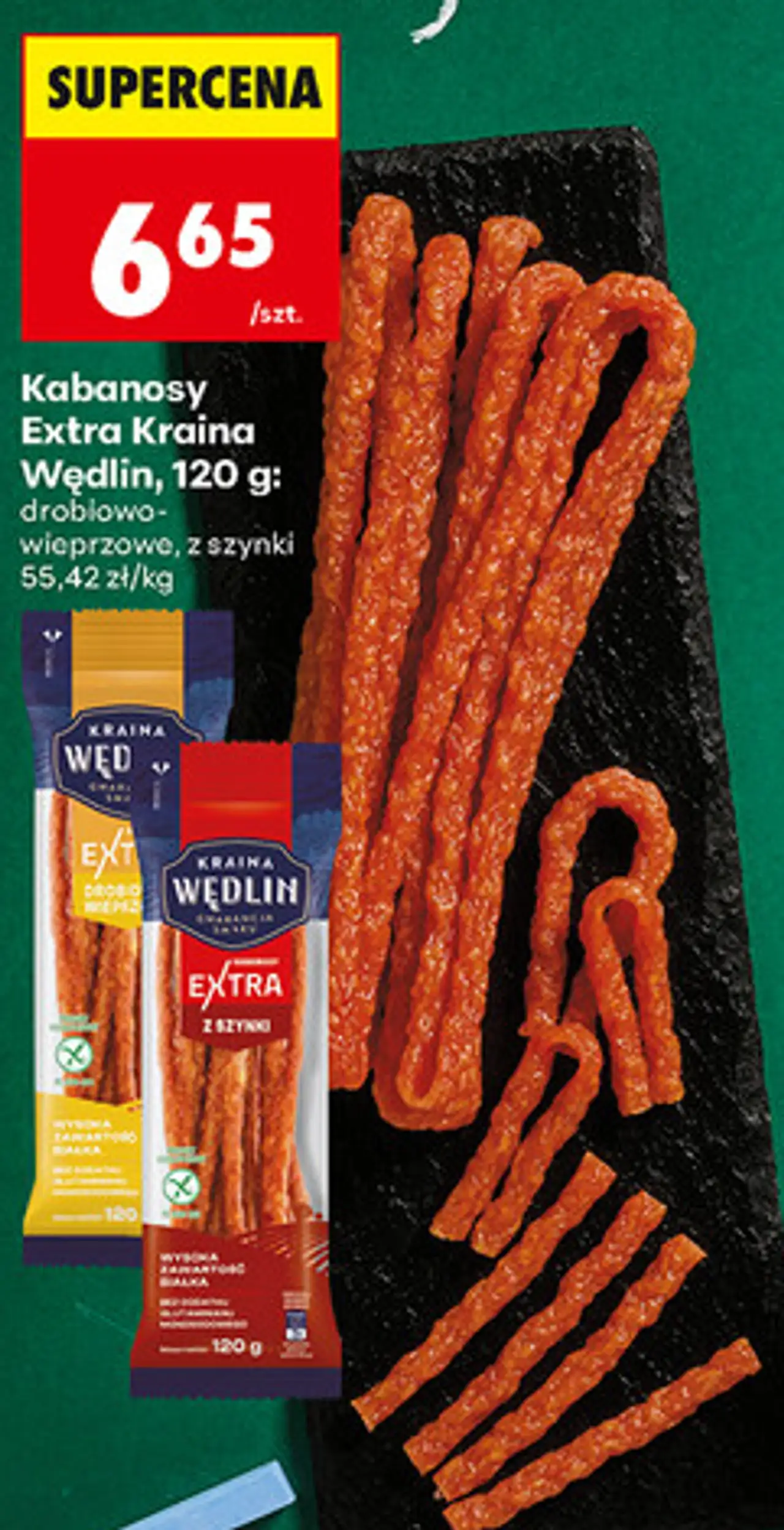 Kabanosy Extra Kraina Wędlin, 120 g: drobiowo-wieprzowe, z szynki