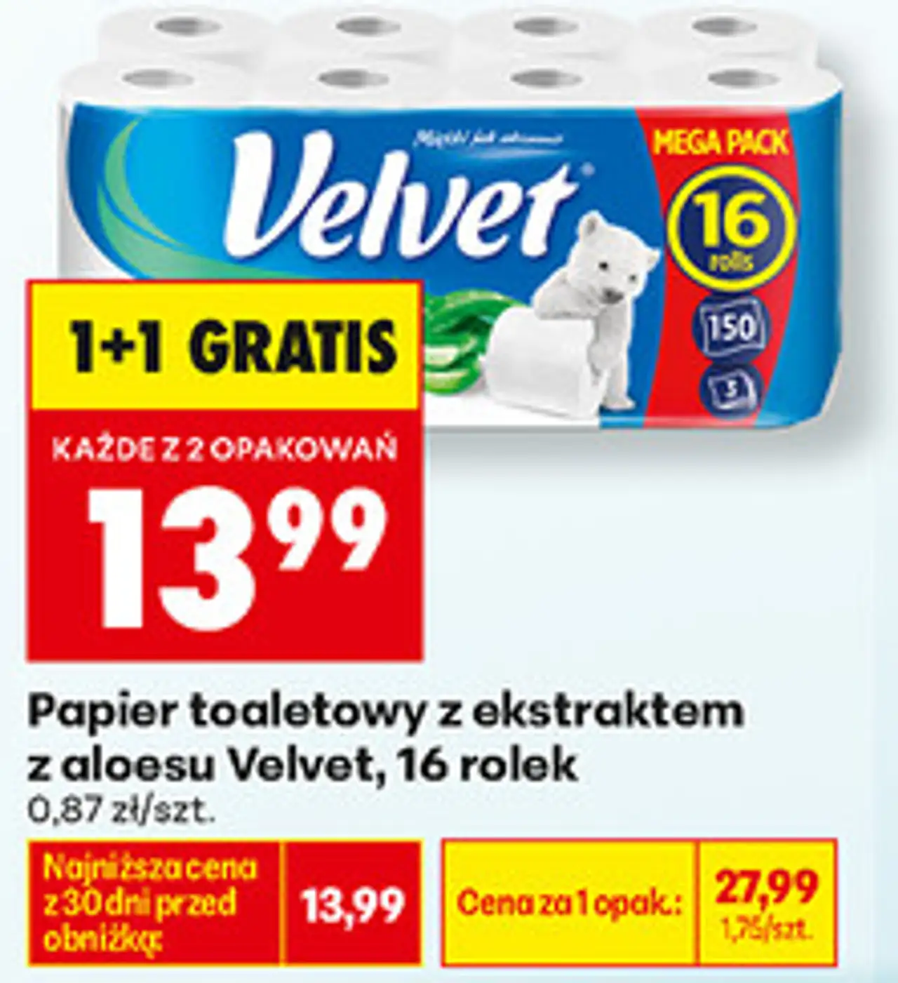 Papier toaletowy z ekstraktem z aloesu Velvet, 16 rolek