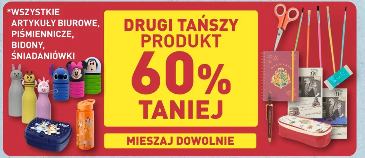 Artykuły biurowe, piśmiennicze, bidony, śniadaniówki (wszystkie rodzaje) - drugi produkt taniej