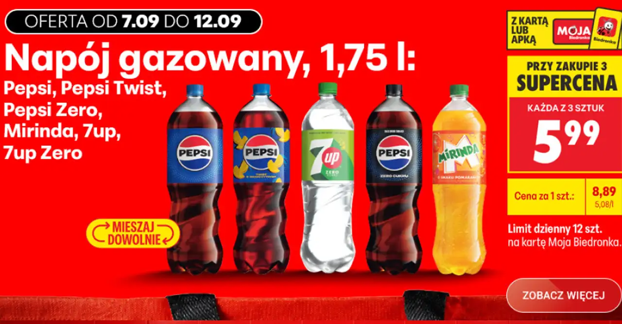 Napój gazowany Pepsi, Pepsi Twist, Pepsi Zero, Mirinda, 7up, 7up Zero, 1,75 l