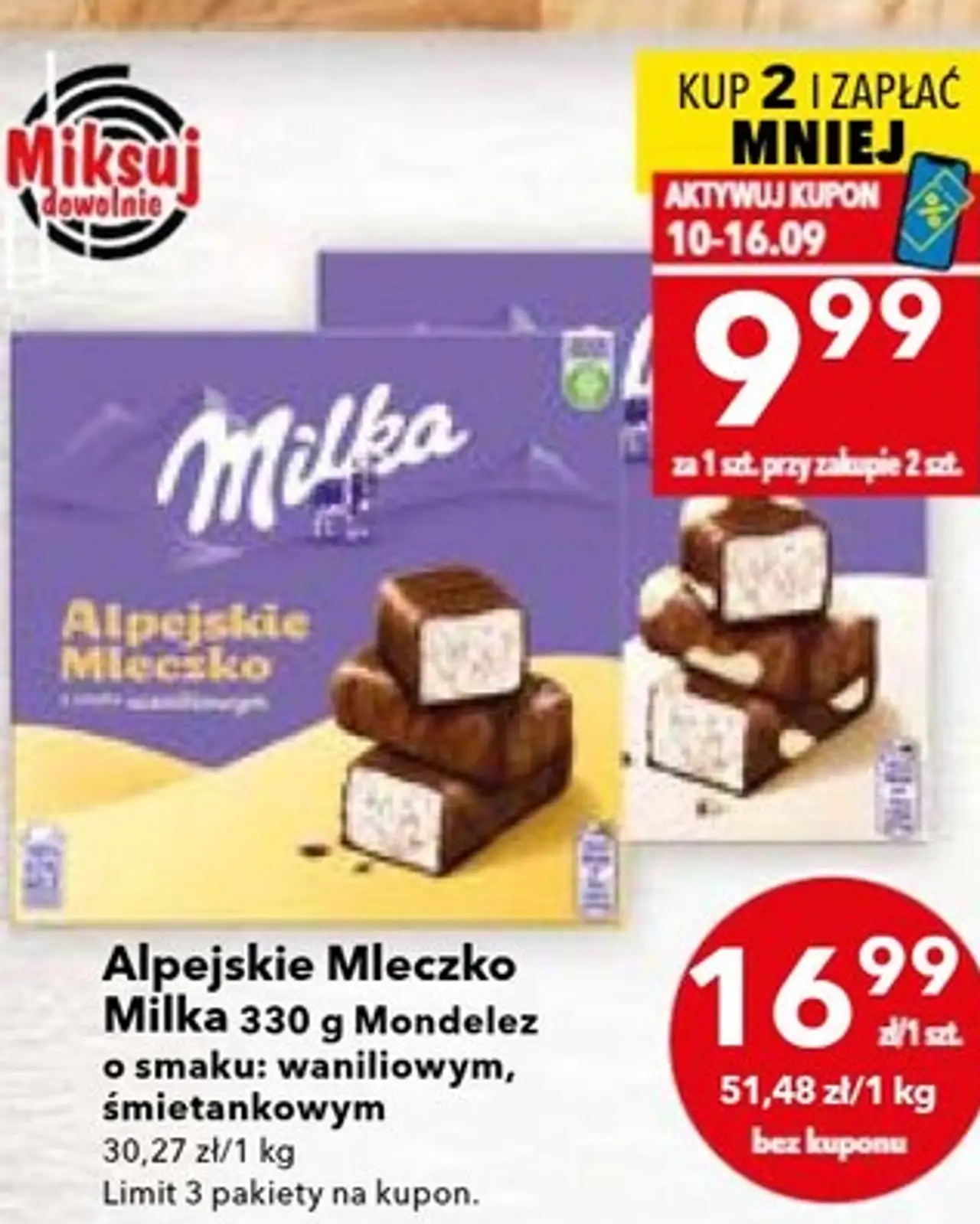 Alpejskie Mleczko Milka o smaku: waniliowym, śmietankowym