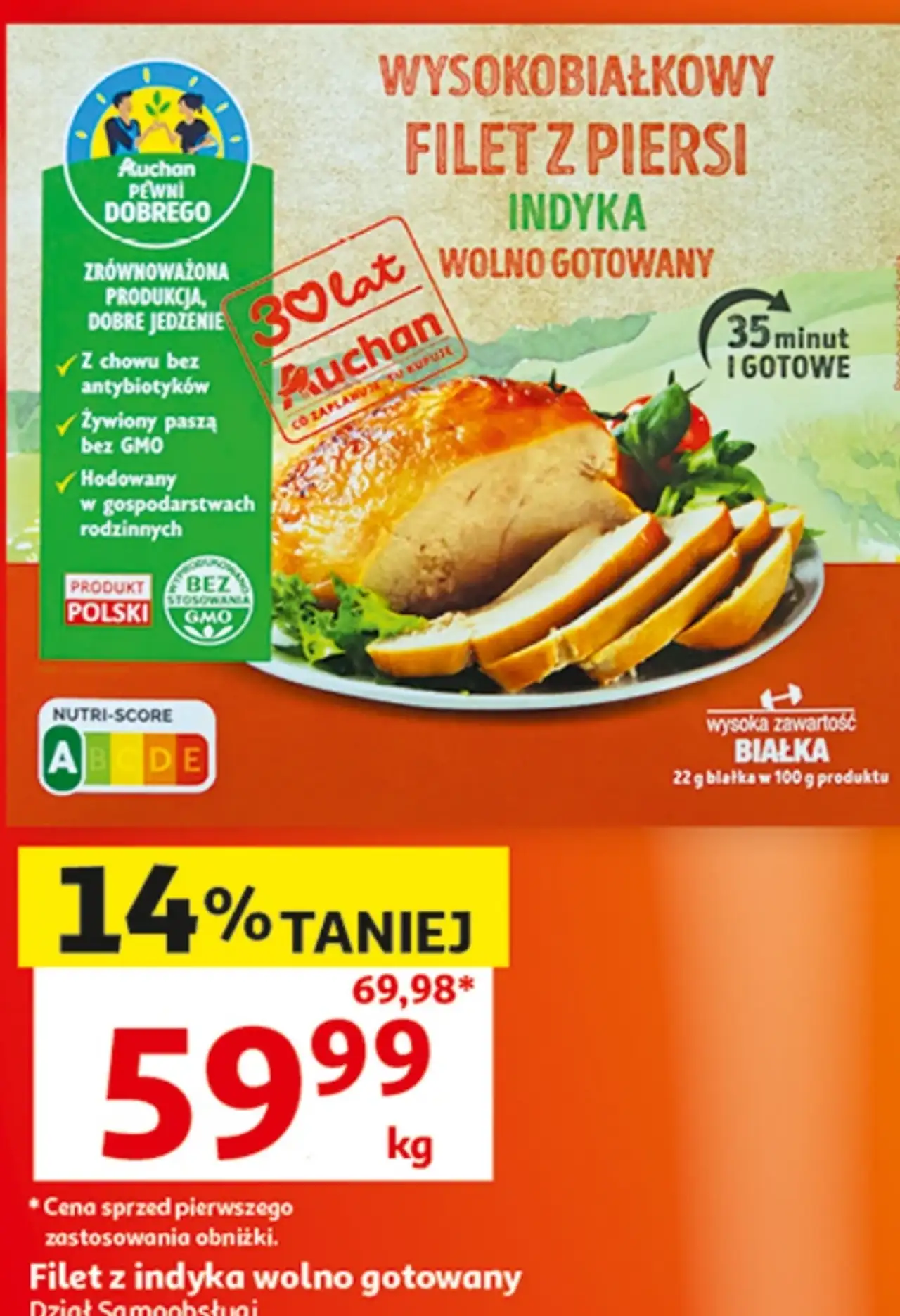 Wysokobiałkowy filet z piersi indyka wolno gotowany Auchan Pewni Dobrego