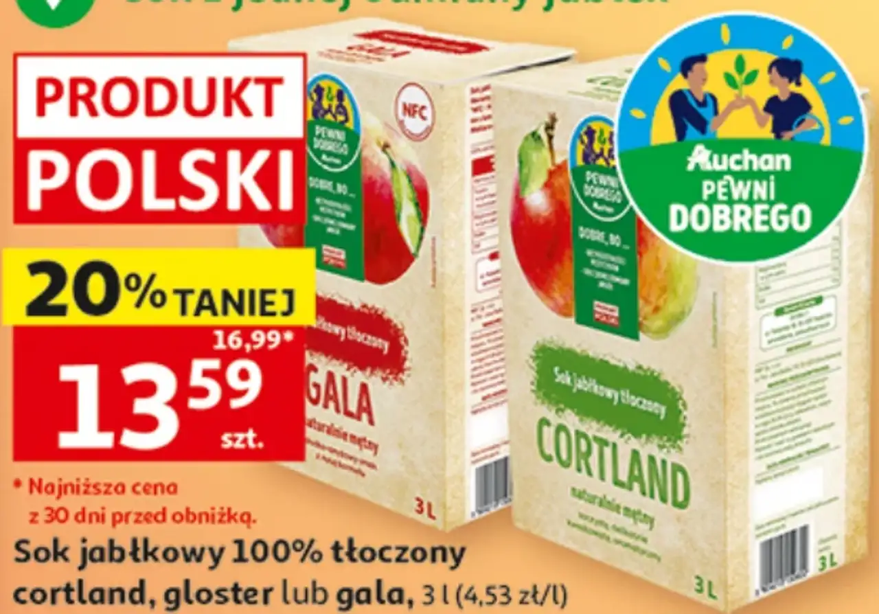Sok jabłkowy 100% tłoczony cortland, gloster lub gala