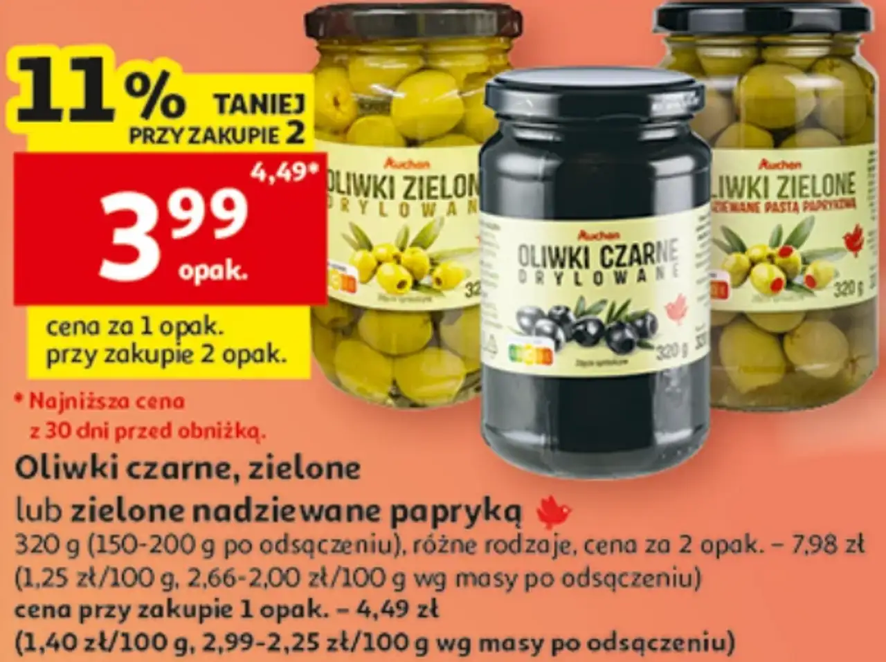 Oliwki czarne, zielone lub zielone nadziewane papryką Auchan